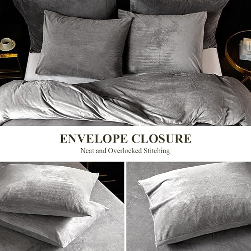 Miniatura 4 de Ivellow Juego de funda de edredón de franela de terciopelo tamaño King, color gris ahumado, juego de funda de edredón de terciopelo ultra suave,