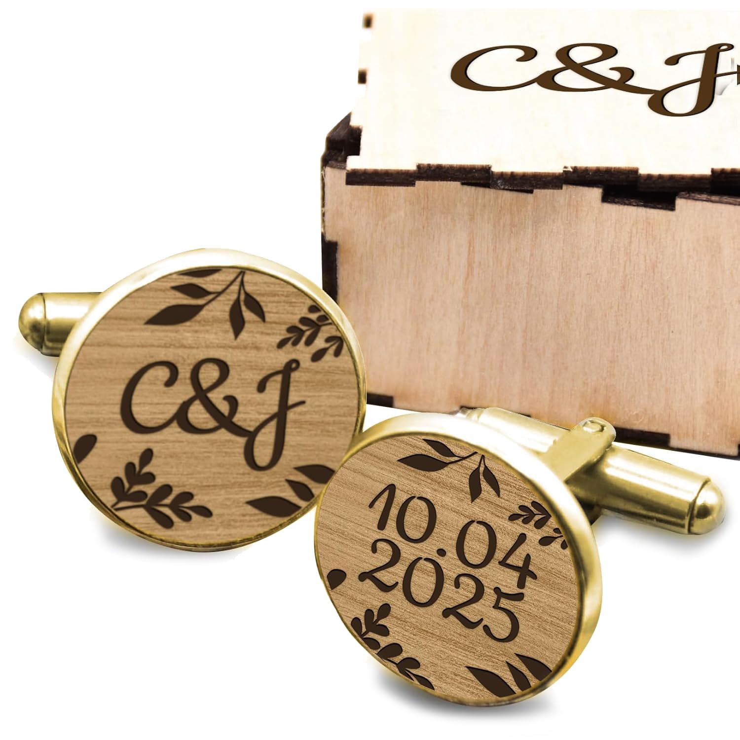 Boutons de chemises personnalisés en bois de peuplier et acier inoxydable argenté ou doré, assortis ou asymétriques, mariage champêtre, floral, feuilles, boutons de manchette