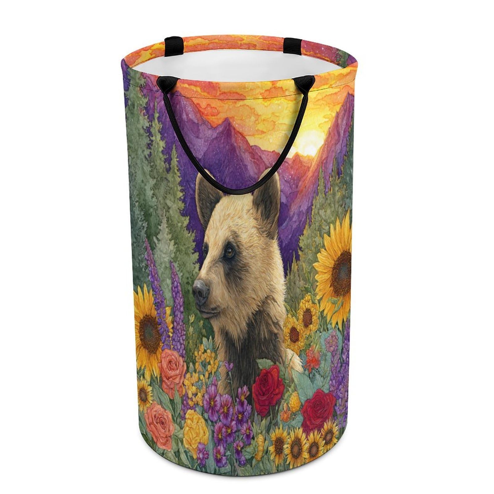 LUYYSKY Vintage Realistic Black Bear Collapsible Dirty Clothes Basket, Beautiful Abstract Sunset Plants Sunflowers Flowers Animal Bears Portable Clothes Storage Basket