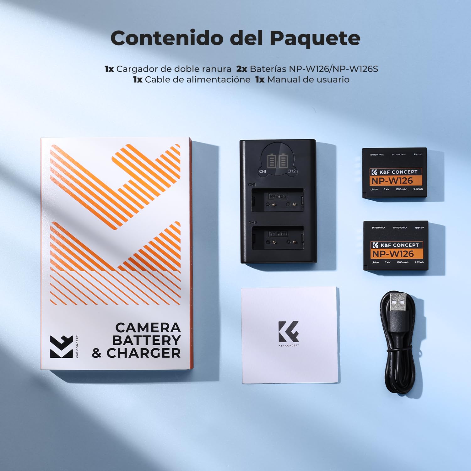 K&F CONCEPT NP-W126 NP-W126S Batería 2x1300mAh Compatibile con Fujifilm XM5/X100VI/X100V/XS10/XT30/XT30 II/XT20/XE4/A5, Cargador Rápido de Doble Ranura con Entradas Type-C y Micro-USB