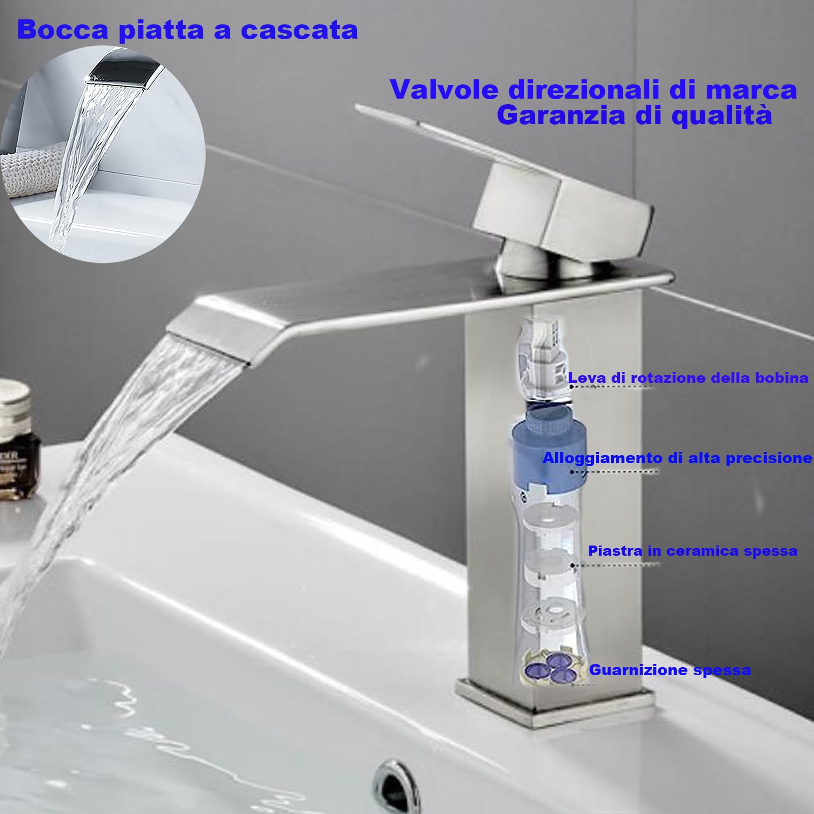 XWIHTR Rubinetto a cascata per bagno, rubinetto per lavabo a una maniglia, risparmio idrico, rubinetto per lavabo, bocca calda e fredda, rubinetto per bagno in acciaio inox (spazzolato)