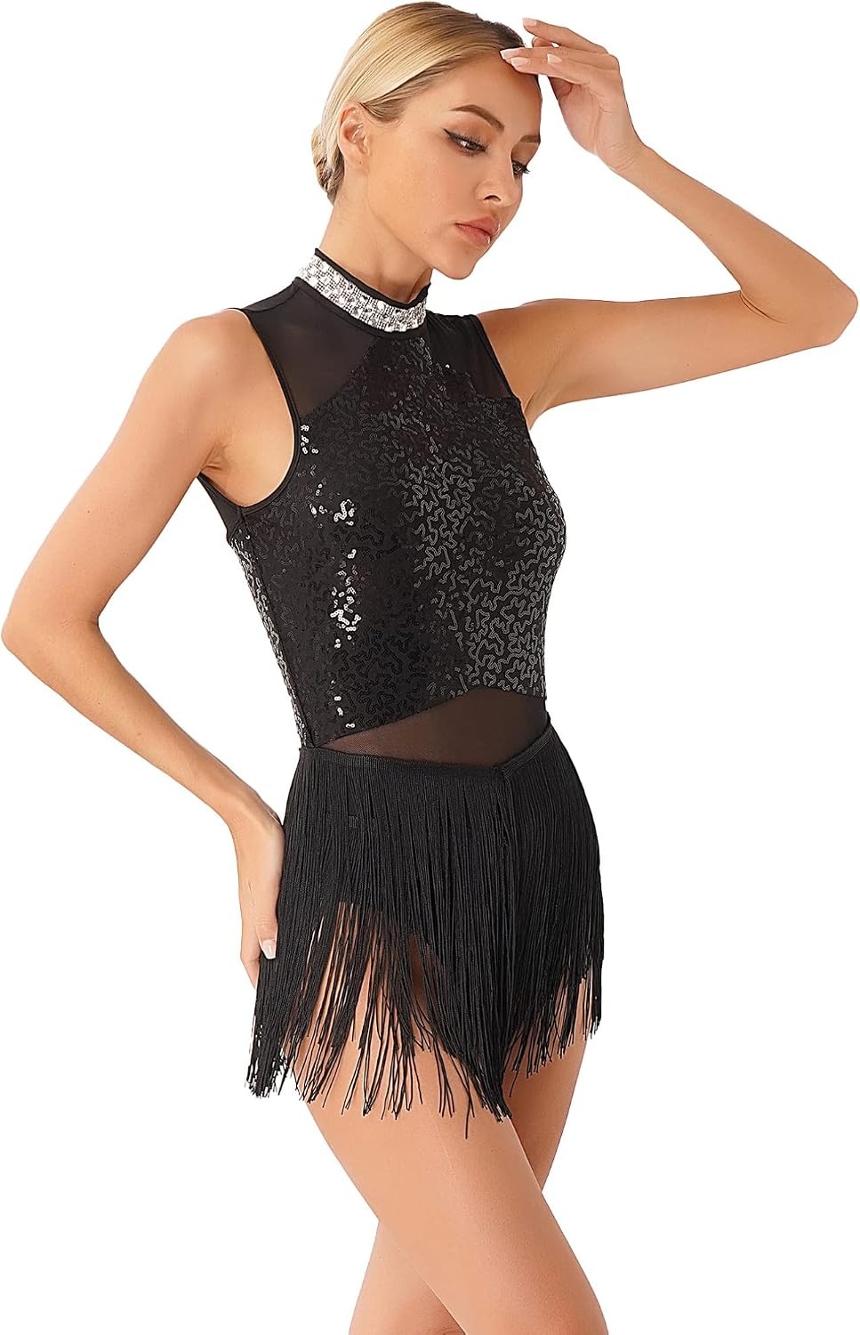 Women Latin Dance Costumes Jazz Dance Tops Bodysuit | Fringe Leotard, Sequin Leotard, Shiny Tassel, Rhythmic Gymnastics Leotards, for Salsa Tango Samba