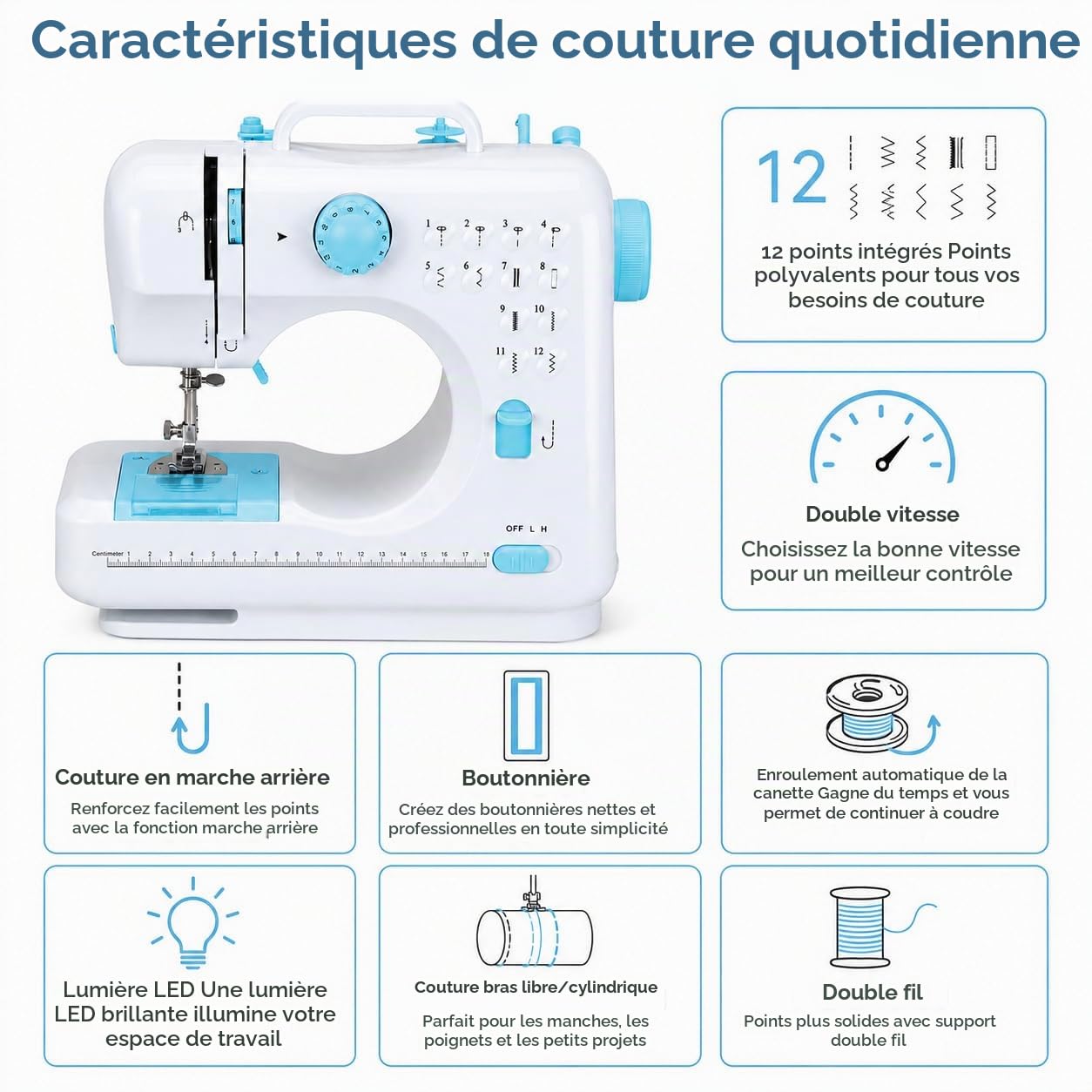 505 Machine à Coudre Électrique Avec 12 Programmes et Pédale, Facile à Utiliser et Pratique, Mini Portable Électrique Machine a Coudre a Main pour Vêtements Tissus Voyage à Domicile(Blu)