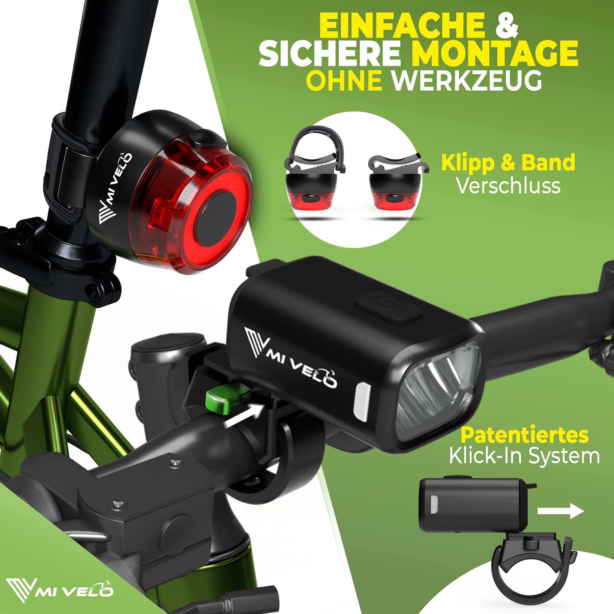 MIVELO Fahrradlicht Set mit Power-Akku, StVZO zugelassene Fahrradbeleuchtung USB aufladbar & wasserdicht, Fahrradlampe vorne & Fahrrad Rücklicht, Energieklasse A+++