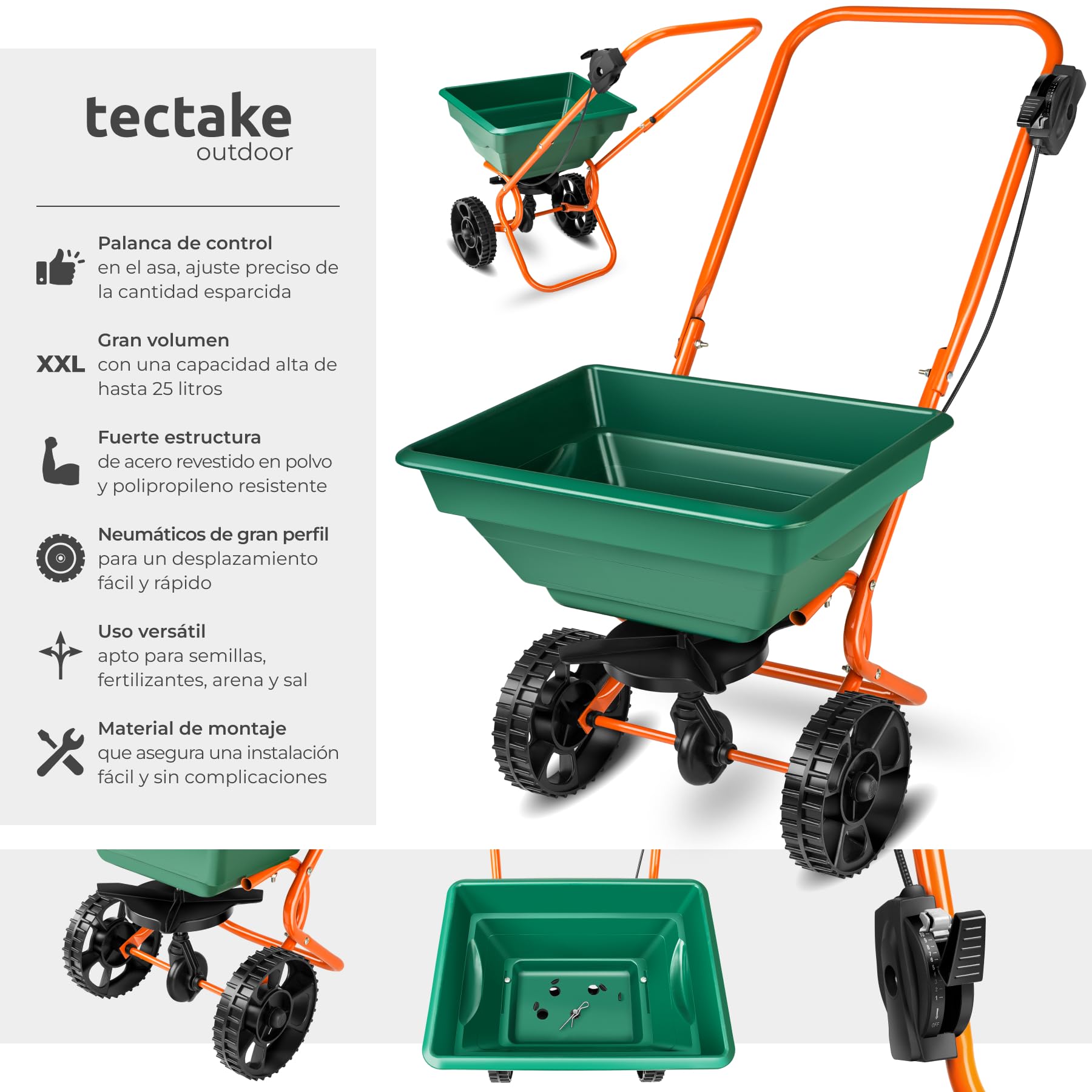 tectake® Esparcidor de Abono, Semillas, Fertilizante, Sal y Arena para Jardín, con Ruedas Grandes, Kit Jardineria y Carretilla Plegable, Volumen de 25 L - 75 x 46 x 105 cm