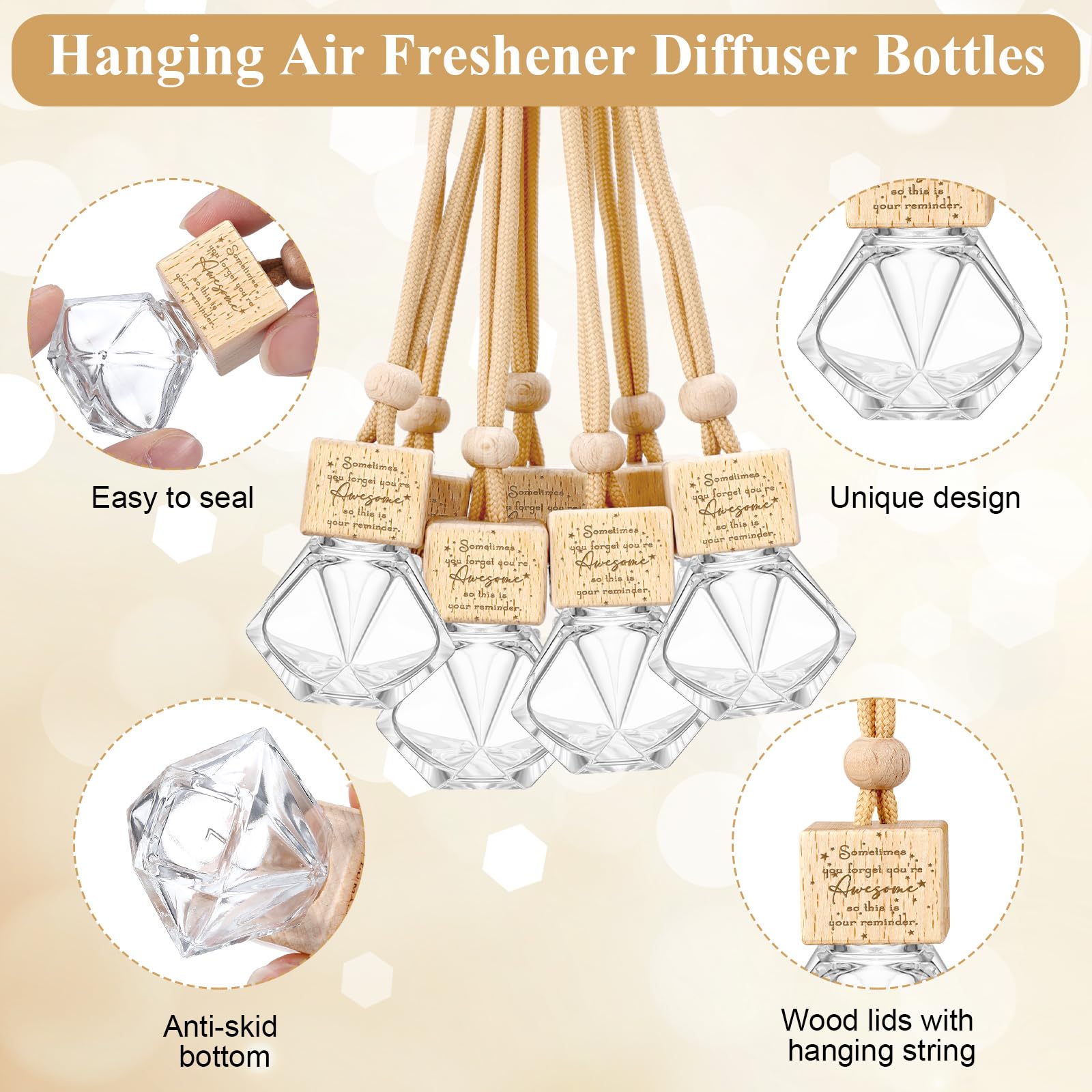 Funnymoom 20 ambientadores colgantes para coche, botella difusora de coche, adorno vacío a granel, regalo de agradecimiento para empleados, botella difusora de aceite esencial de vidrio vacío para el