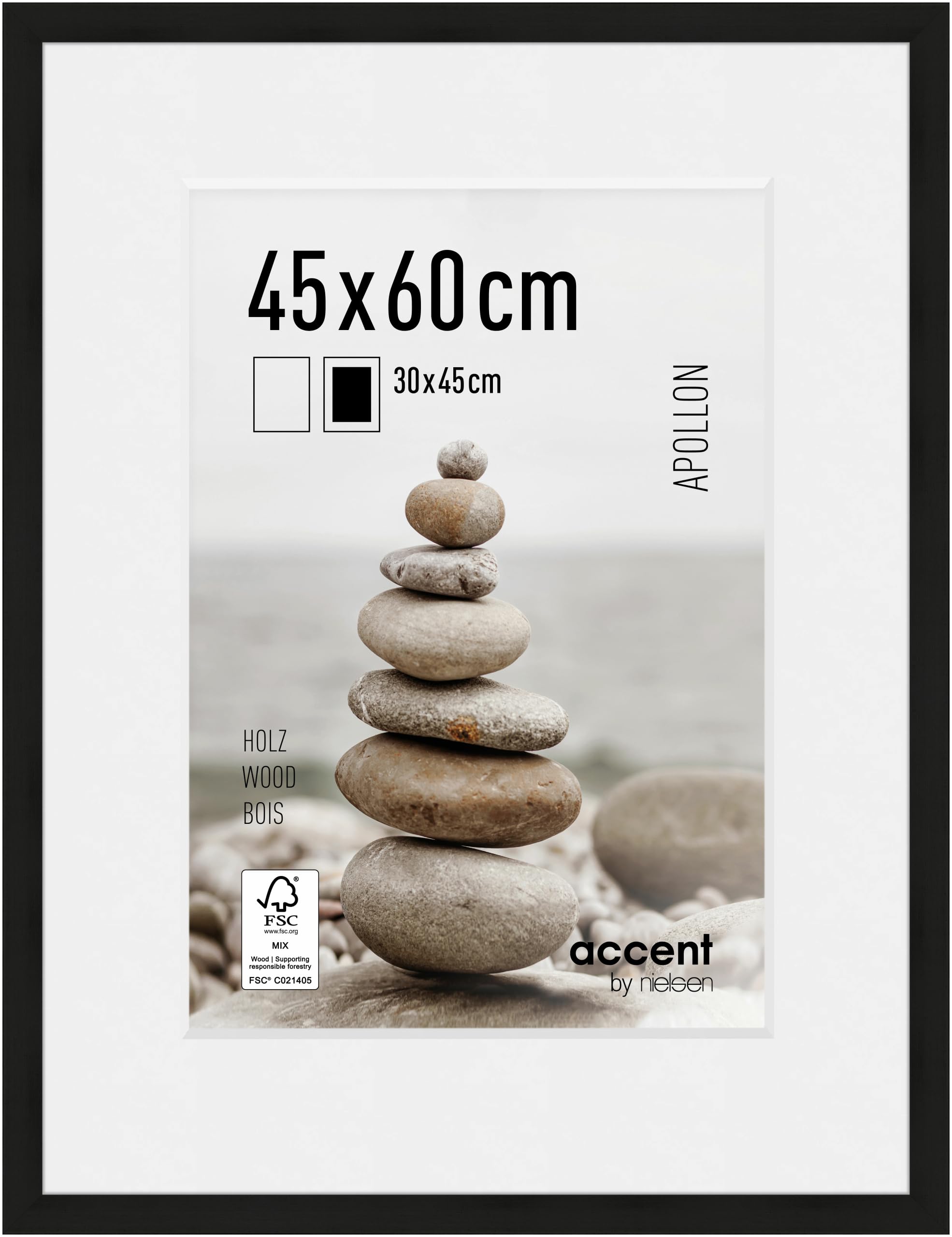 accent by nielsen Bilderrahmen mit Passepartout, 45 x 60 cm, Holz, Schwarz, Posterrahmen zum Aufhängen im Hoch- & Querformat, Echtglas, Apollon