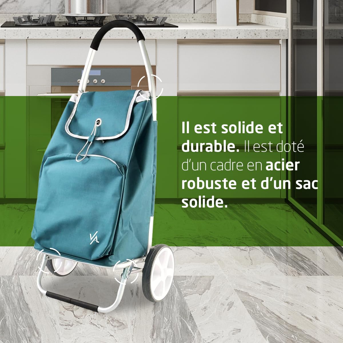 Amig - Chariot de Courses à 2 Roues - Sac Ajustable - Aluminium léger - Charge maximale : 15 kg - Capacité : 50 L - Dimensions : 95 x 45,5 x 12 cm - Couleur : Vert