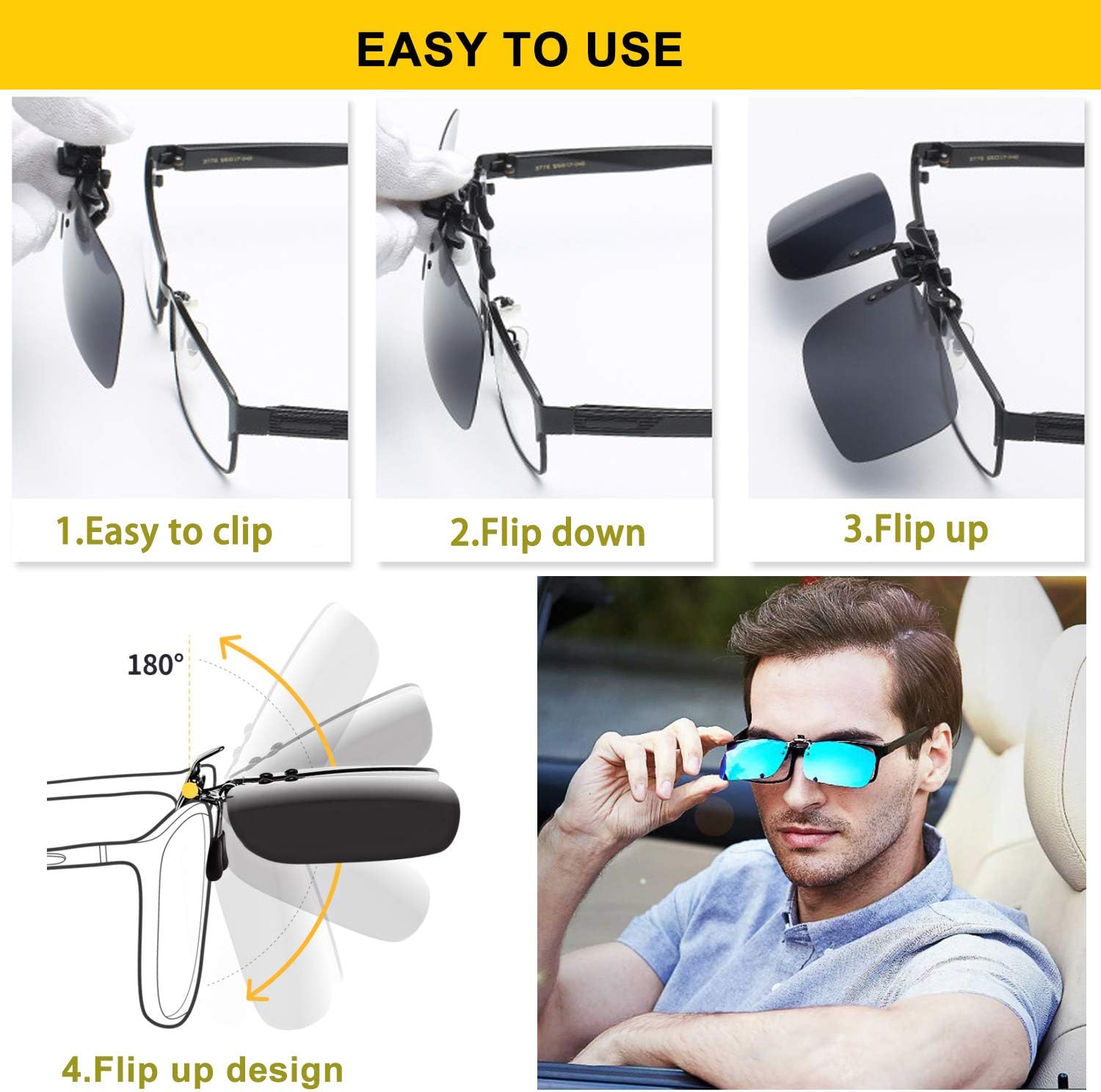 Polarized Clip-on Sunglasses with Flip Up Function Anti-Glare UV400 Driving Glasses for Prescription Glasses image 5