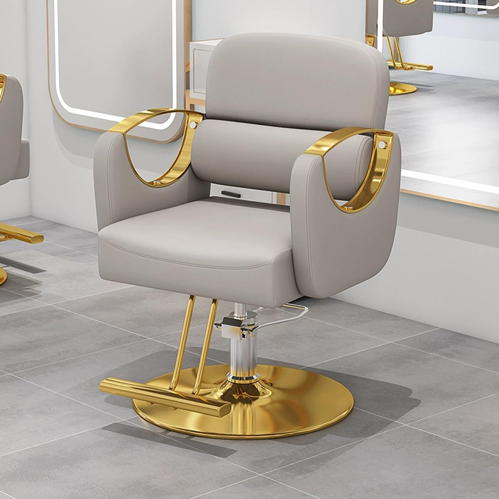 Generisch Friseurstühle, ergonomischer Salonstuhl für Friseure – hydraulisch höhenverstellbar und drehbar, Edelstahl mit goldenem Fußkreuz – ideal für Friseursalons und Kosmetikstudios – Beige