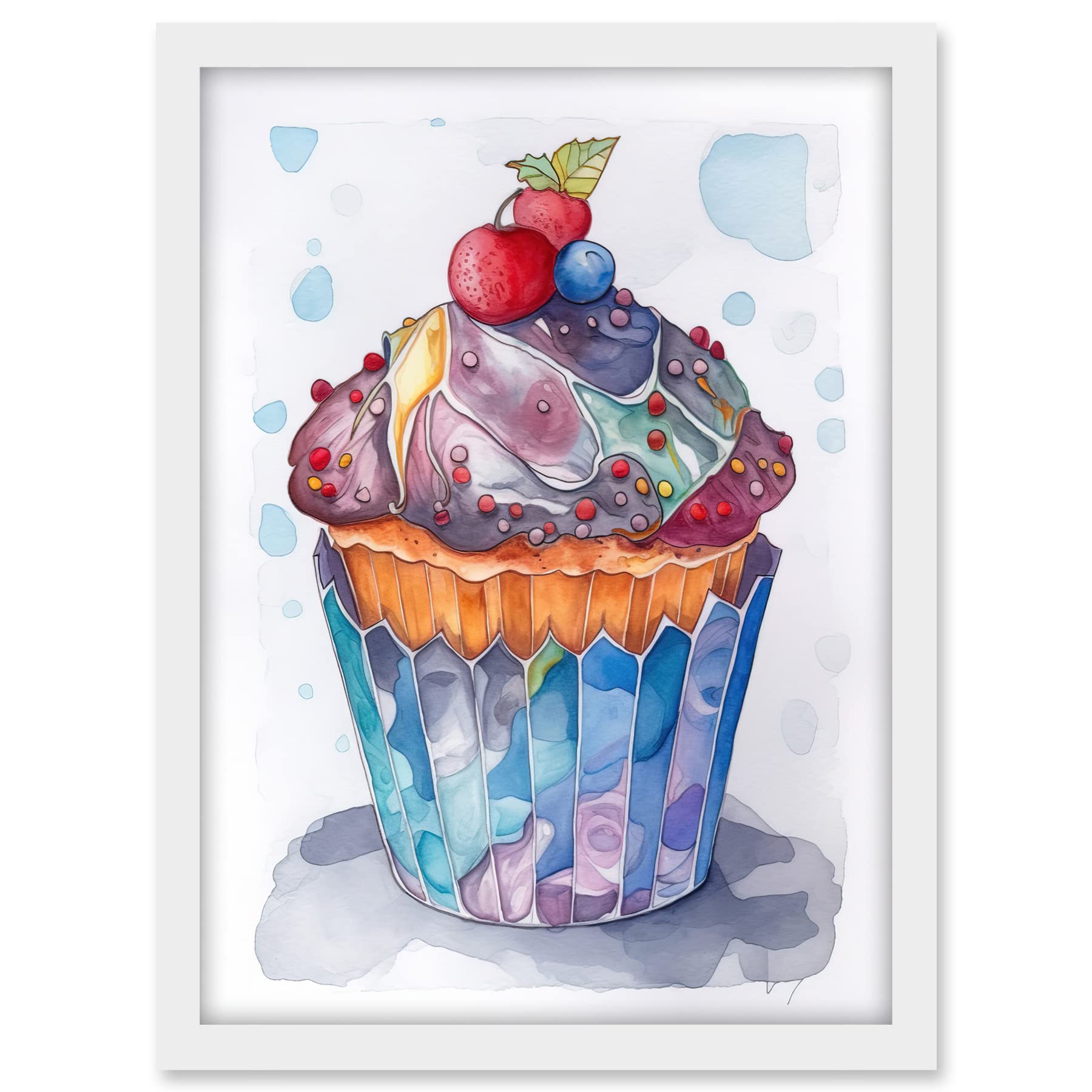 Artery8 Cupcake Icing With Fruit Folk Art Watercolour Painting Artwork Framed A3 Wall Art Print