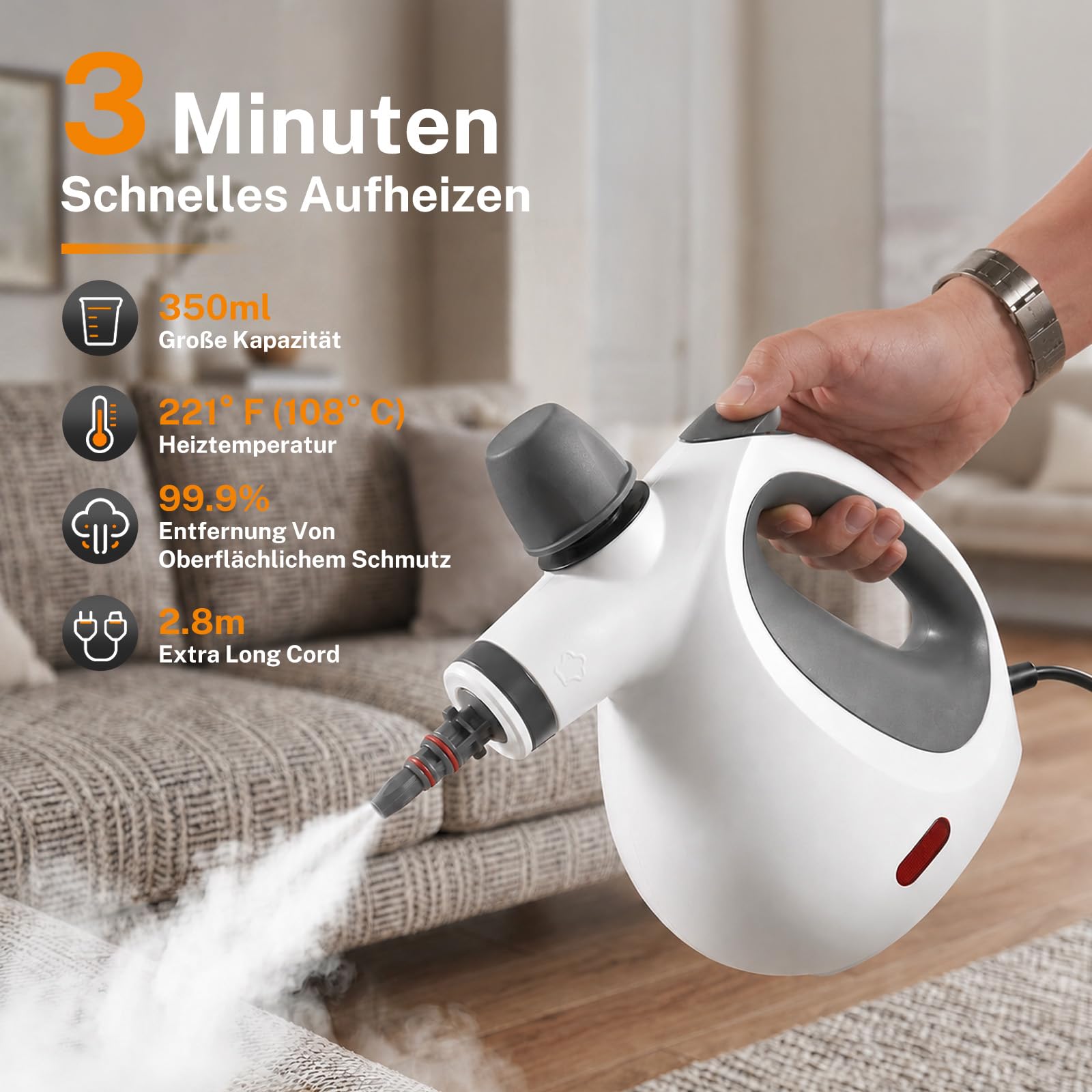 Dampfreiniger Handgerät mit 15 Zubehörteilen, Handdampfreiniger für das Haus Mehrzweck，1050W，350ml Tank Handdampfreiniger，Dampfreiniger für Alles Polstermöbel Auto Fenster Fliesen Teppich(Weiß)