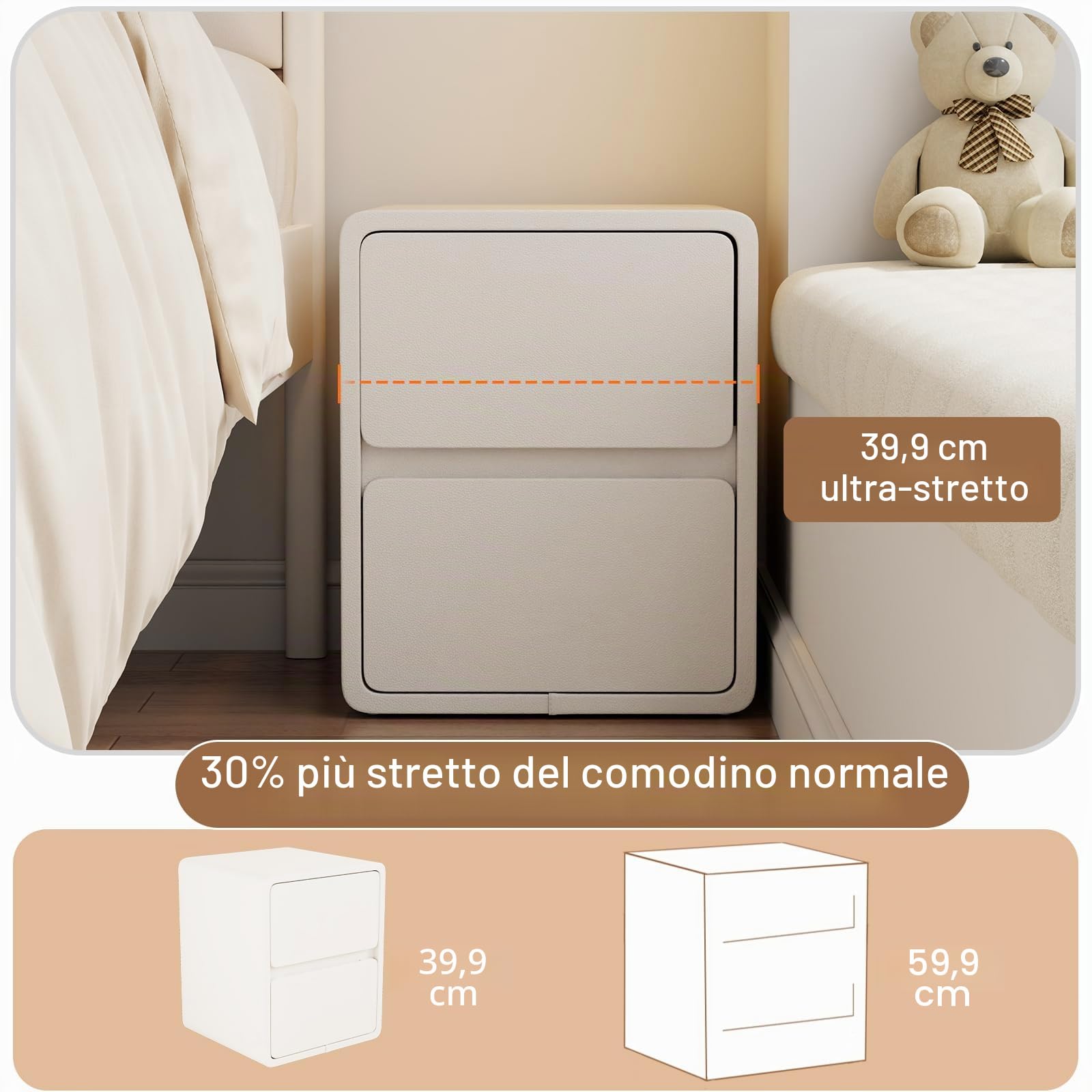 AQIMUELE Comodino Stretto, Tavolino con 2 cassetti, senza installazione, superficie in pelle, Comodino per camera da letto e soggiorno, larghezza 40 cm (Bianco)