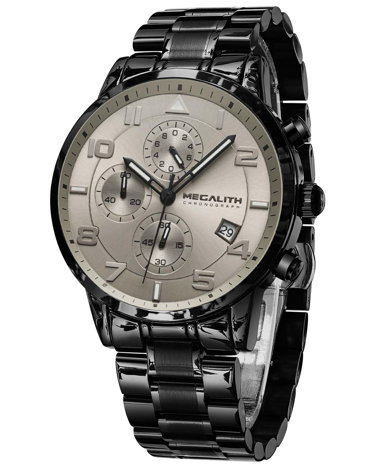 MEGALITH Montre Homme Chronographe Analogique: Grand 44 mm Quartz Etanche | Montre Habillée Acier Inoxydable avec Date Aiguille Lumineuse pour Travail et Loisirs Quotidiens - Cadeau pour Père Mari Fils