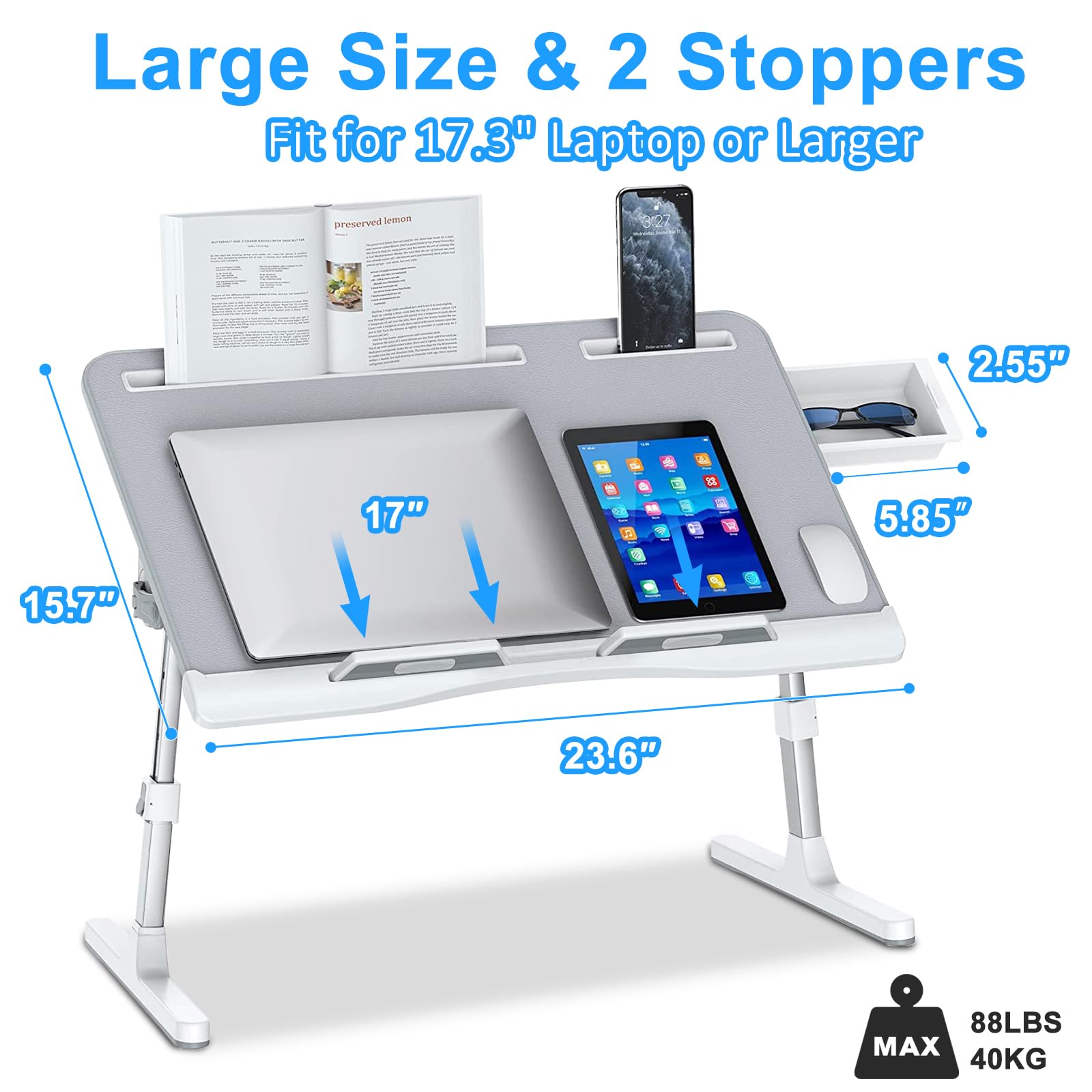 Laptop Desk for Bed - Fit 17.3", EVETTO Foldable Large Bed Table with Adjustable Height & Angle, PVC Leather Laptop Bed Table with 2 Stoppers and Drawer for Bed/Couch/Sofa/Floor, Gray 23.6"*15.7"
