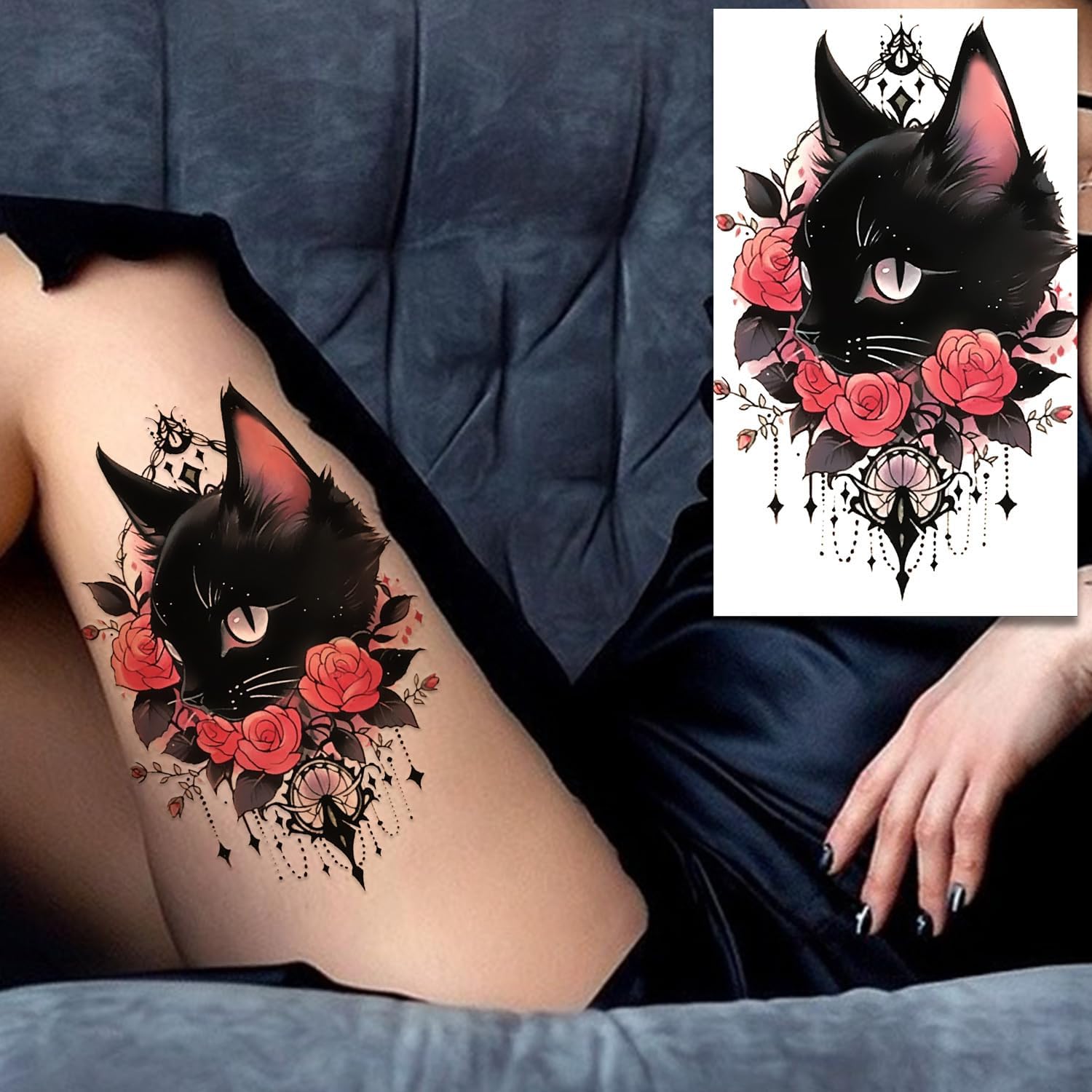 1Pcs Elegant Black Cat with Red Roses Temporary Tattoo Realistic Cat Tattoo Sticker for Women Men Adults Gifts Party Favors Sexy Body Art Suitable for Arm Leg Chest BlackCatRose