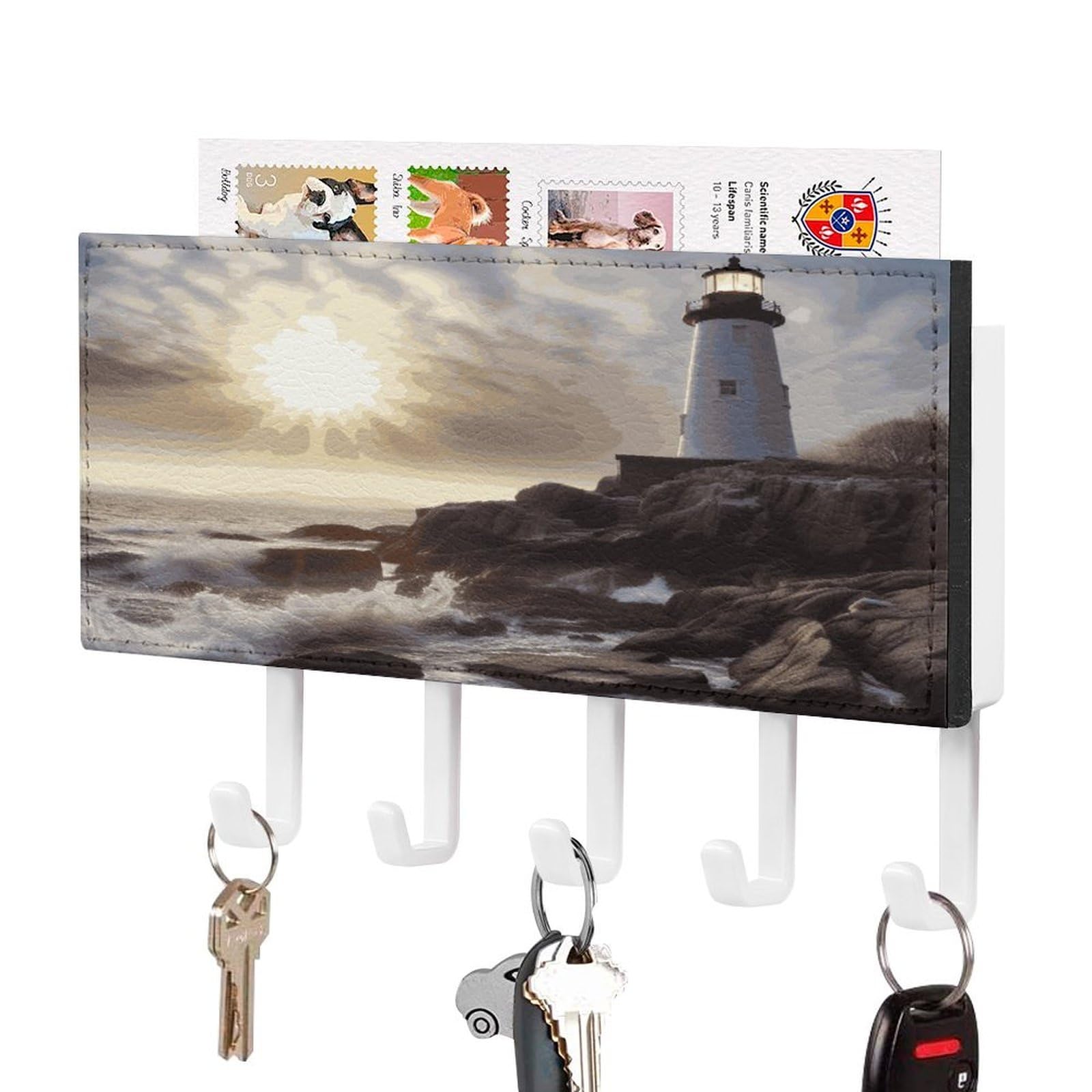 FekiLoot Lighthouse Rocks Seaside Key Holder Wall Mount Key Hooks for Wall Decorative with 5 Hooks PU Mail Rack Organizer with Shelf for Entryway Mudroom Hallway Office 7.1X4.3 in