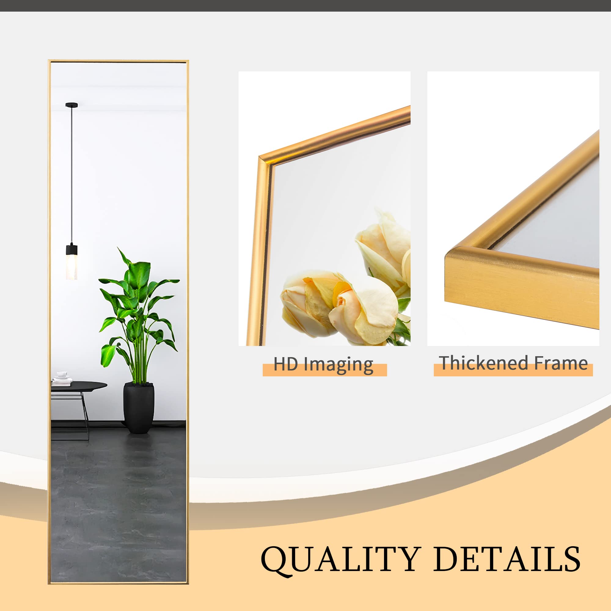 Beauty4U Full Length Mirror Wall Mounted, Hanging or Leaning, Full Body Mirror for Bedroom Dressing Room Living Room Dorm, Elegant Thin Gold Aluminum Alloy Frame, Tall & Long Mirror, 51â€_x009d_ X 14â€_x009d_