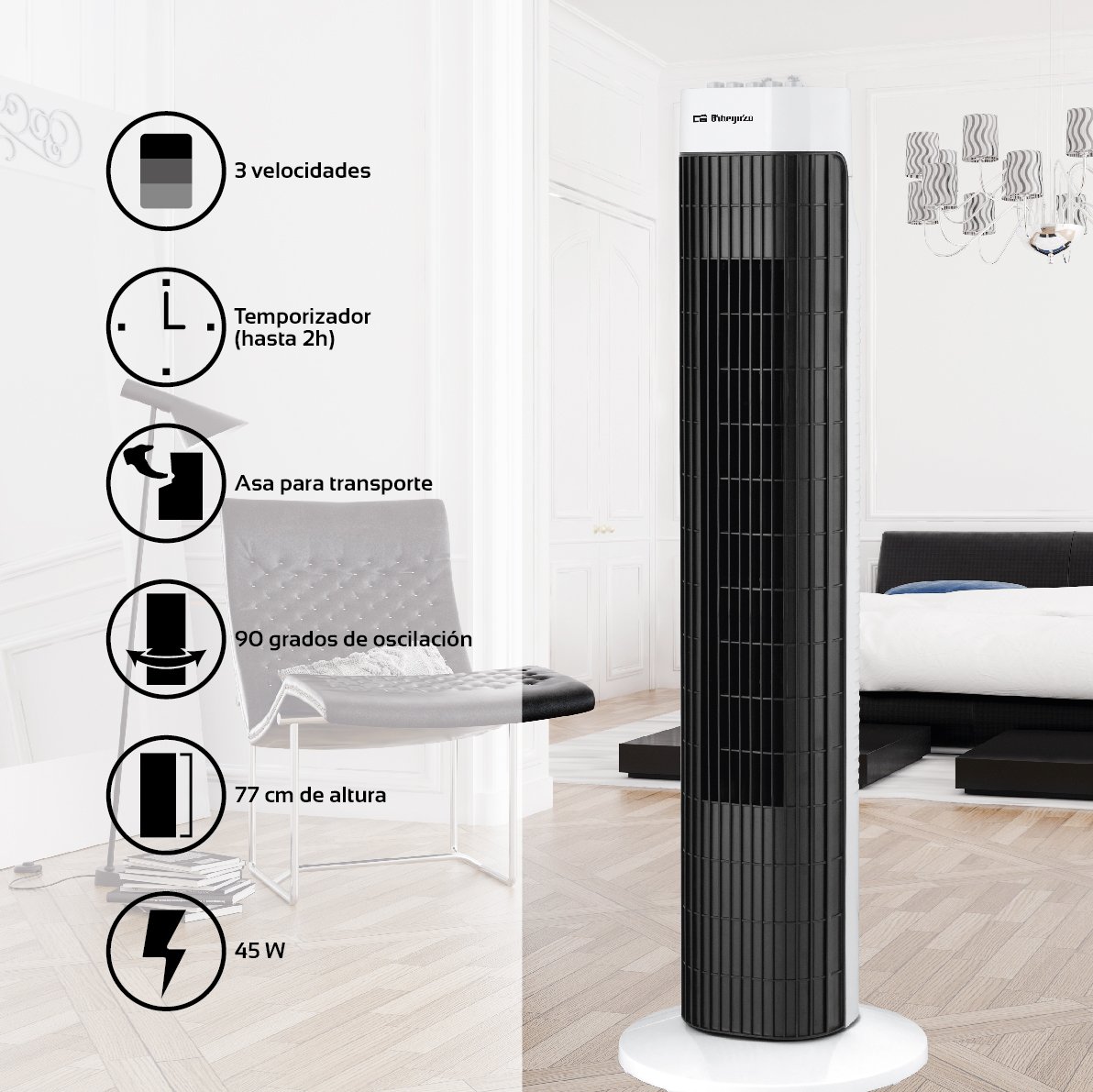 Orbegozo TW 0750 wentylator kolumnowy domowy 45 W czarny, biały - wentylatory domowe (czarny, biały, 45 W, 230 V, 50 Hz, AC, 770 mm)