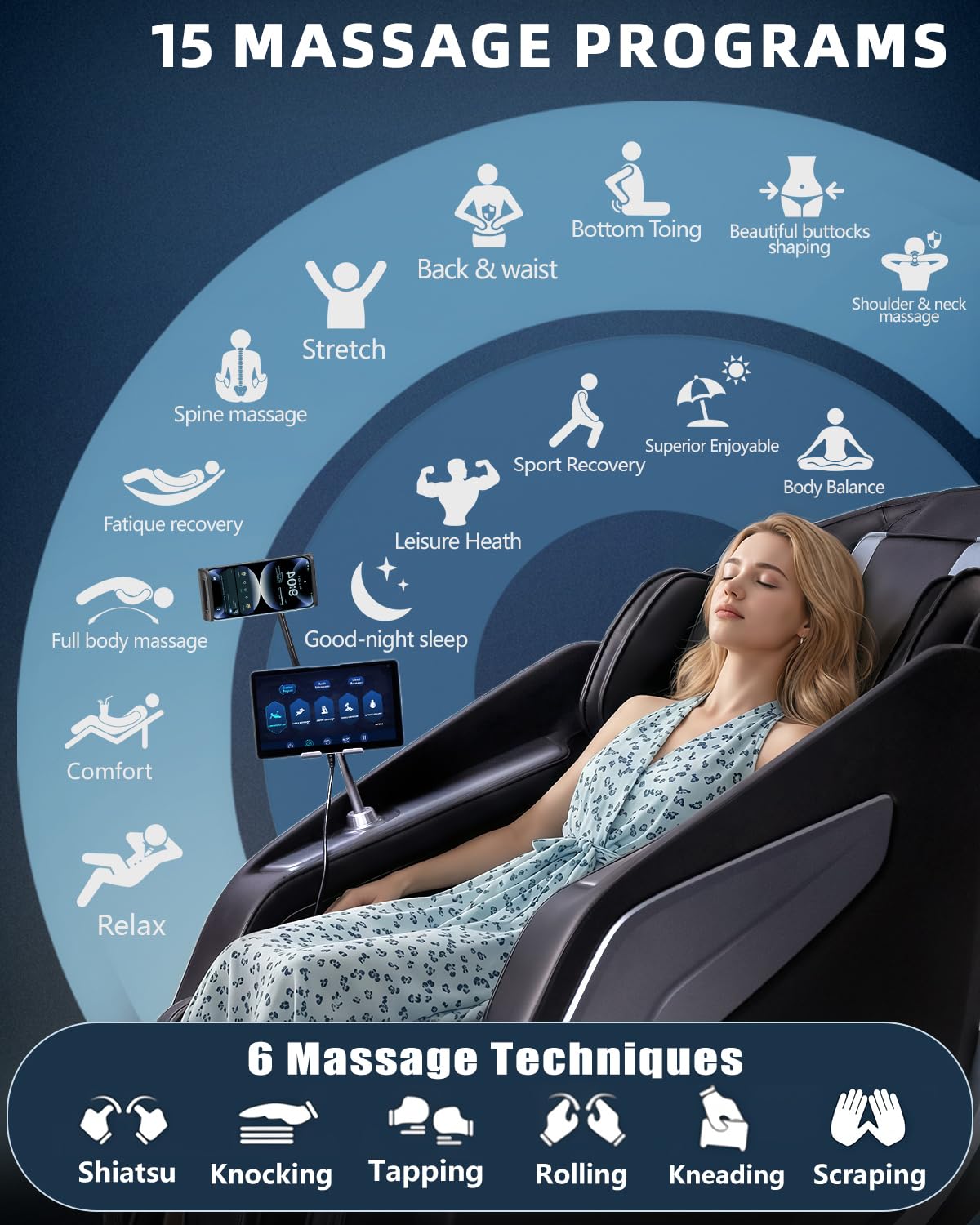 Ganzkörpermassagesessel Zero Gravity Body Scan 4D Shiatsu Massage Rücken Beinheizung AI Sprachsteuerung Bluetooth Lautsprecher SL Track Schwarz