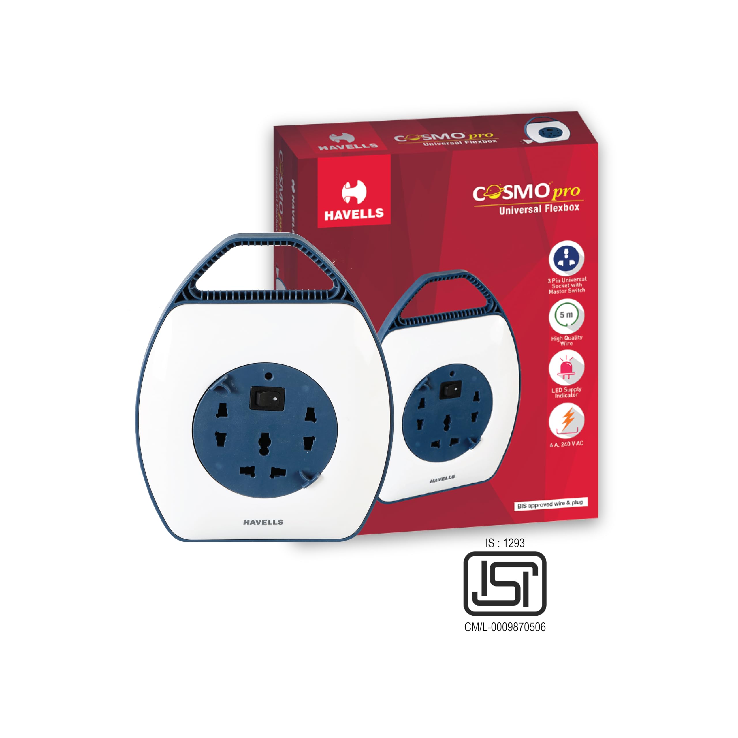 Havells Cosmo Pro 3+1 Reel| Extension Board - 5 Mtr ISI Marked