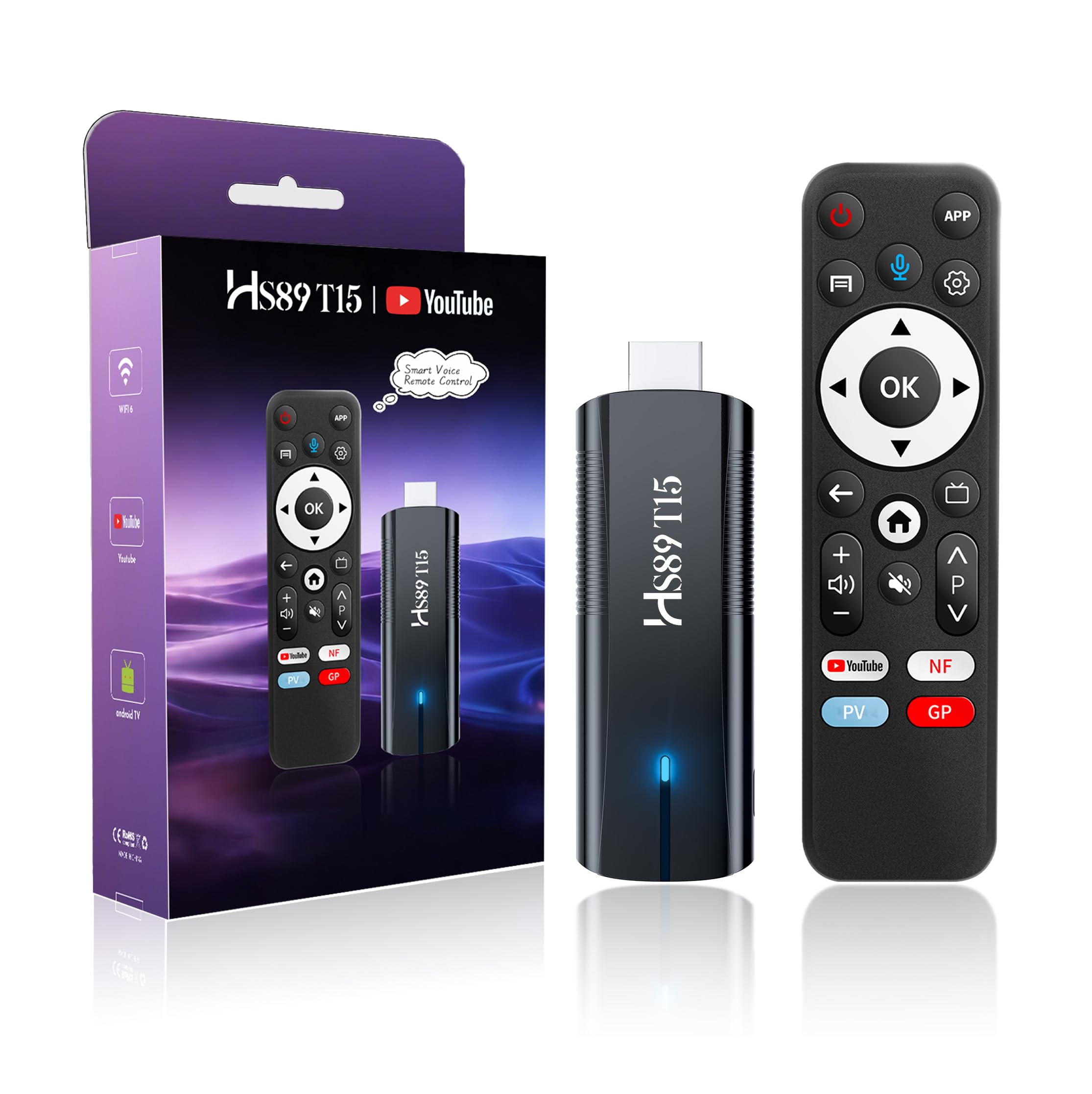 HS89 T15 Smart TV Stick Android 14 4K Ultra HD, 2GB RAM 16G ROM RK3539 WiFi 6 Bluetooth 5.4 HDR10+, TV Stick Box Android 14.0 con Assistente Telecomando Vocale, Dispositivo di Streaming Intelligente