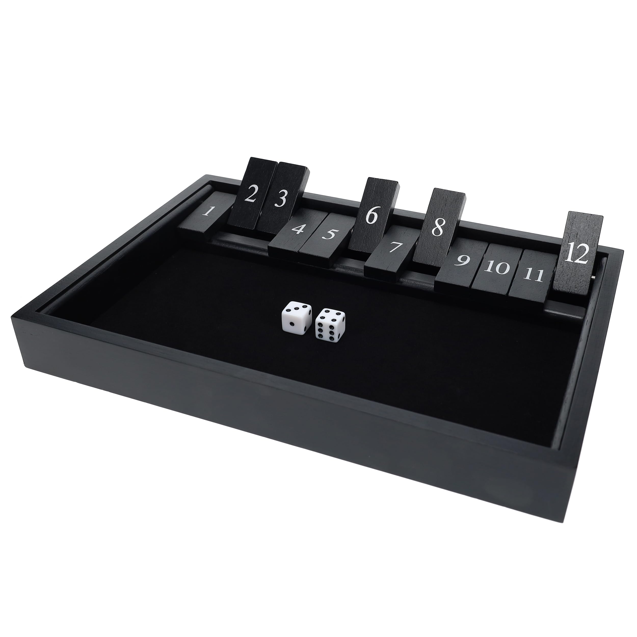 WE Games Wooden Shut The Box - Close The Box Set Pub Game with 12 Number Tiles & 2 Dice Games - 13.5” Black Stained Finish, for Adults