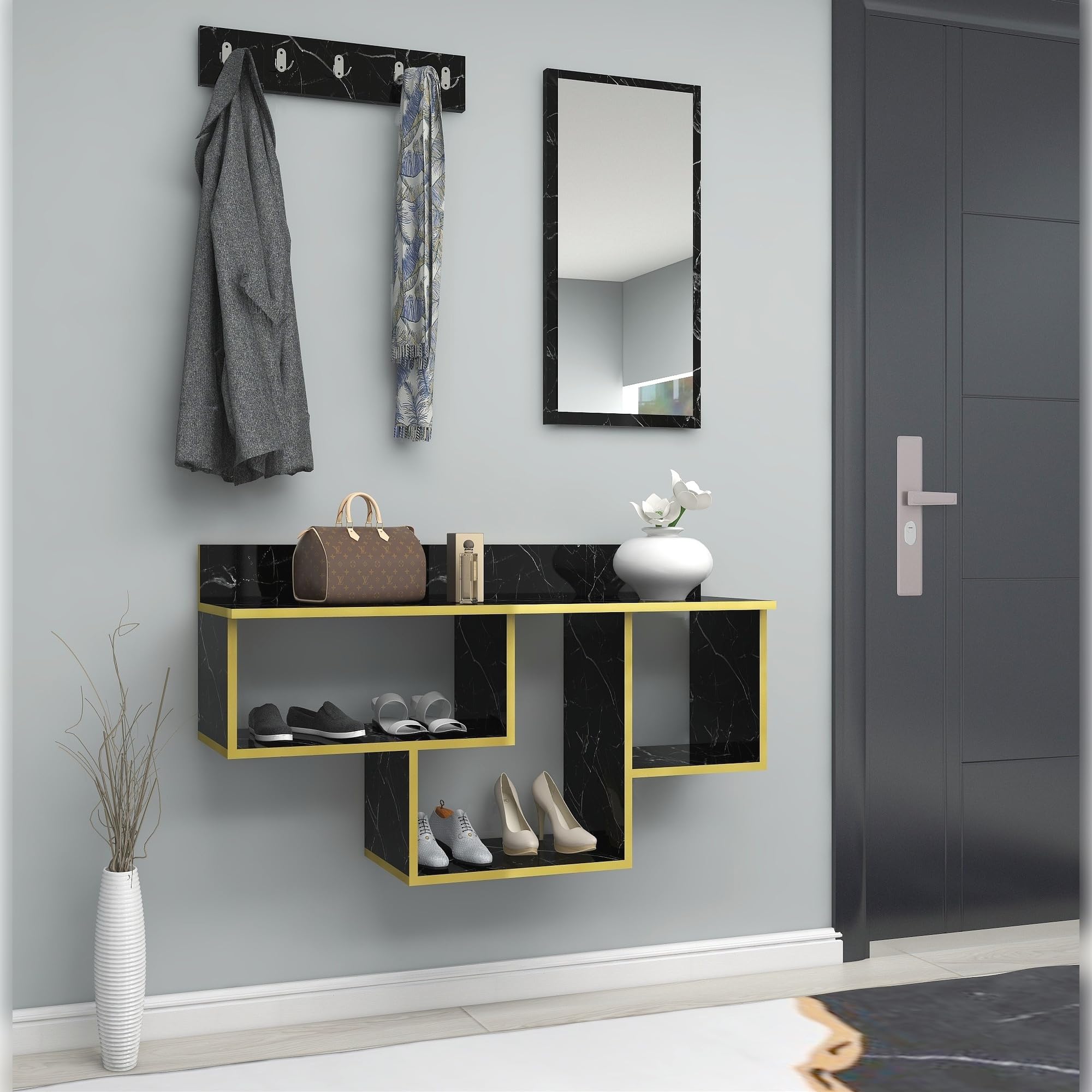 WELL HOME MOBILIARIO & DECORACIÓN Conjunto de RECIBIDOR, conglomerado recubierta melamina, con Espejo Negro-Ribete Dorado