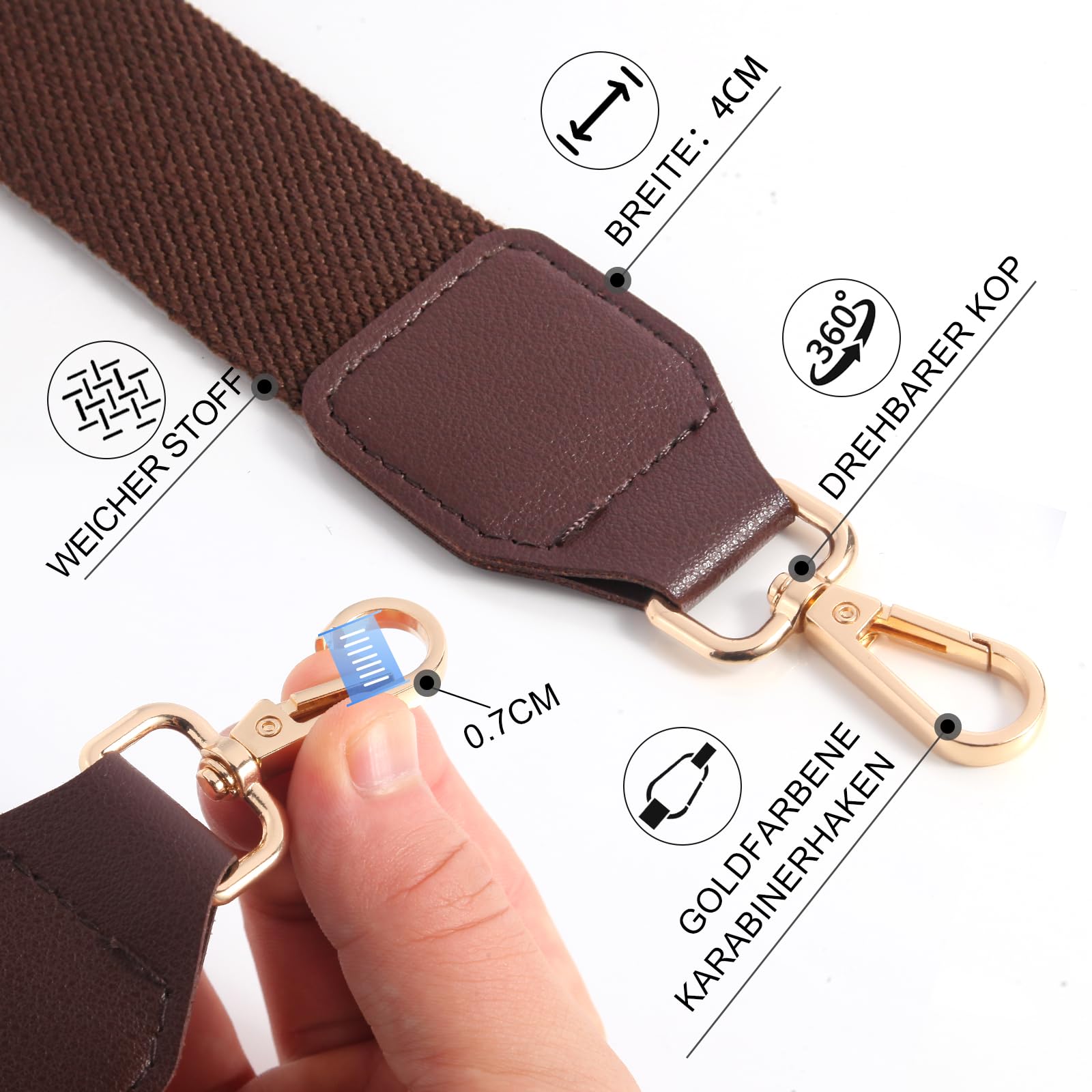 Tracolla Larga Regolabile In Tela Per Borsa, 72-125 Cm, Con Ganci Oro, Larghezza 3,5 Cm, Ricambio Universale - 4