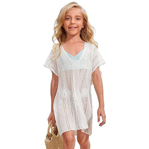 SOLY HUX Girl's Spaghetti Strap Split Hem Crochet Beach Swimsuit Bikini Cover Up White Plain 140