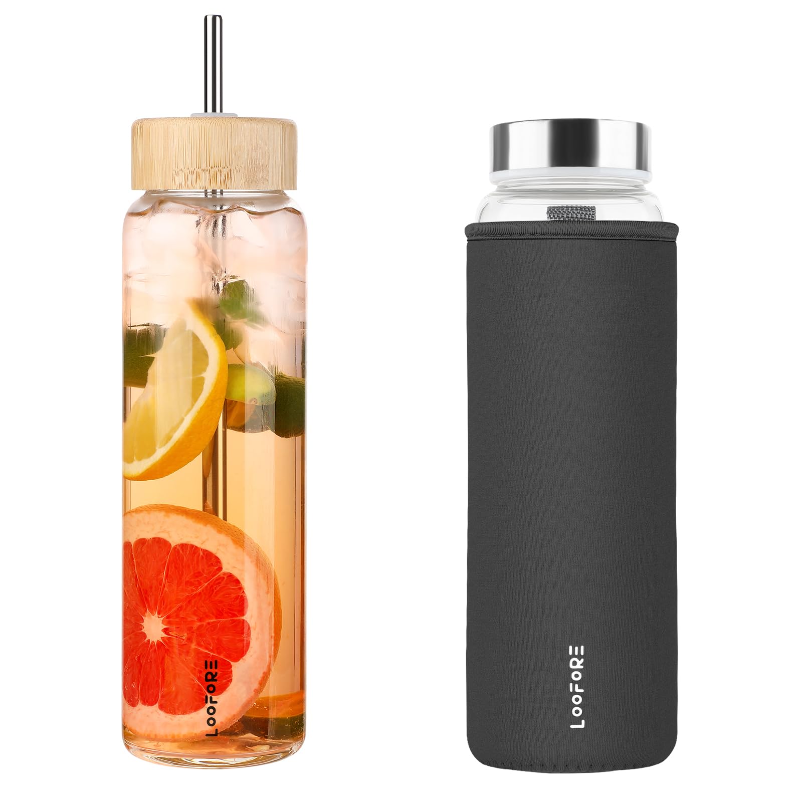 LOOFORE Glasflasche 1 liter / 1l mit Strohhalm, Wasserflasche Glas 1000ml mit 2 Deckeln und Neoprenhülle, BPA freie, Trinkflasche Spülmaschinenfeste, Water Bottle (Dunkelgrau)