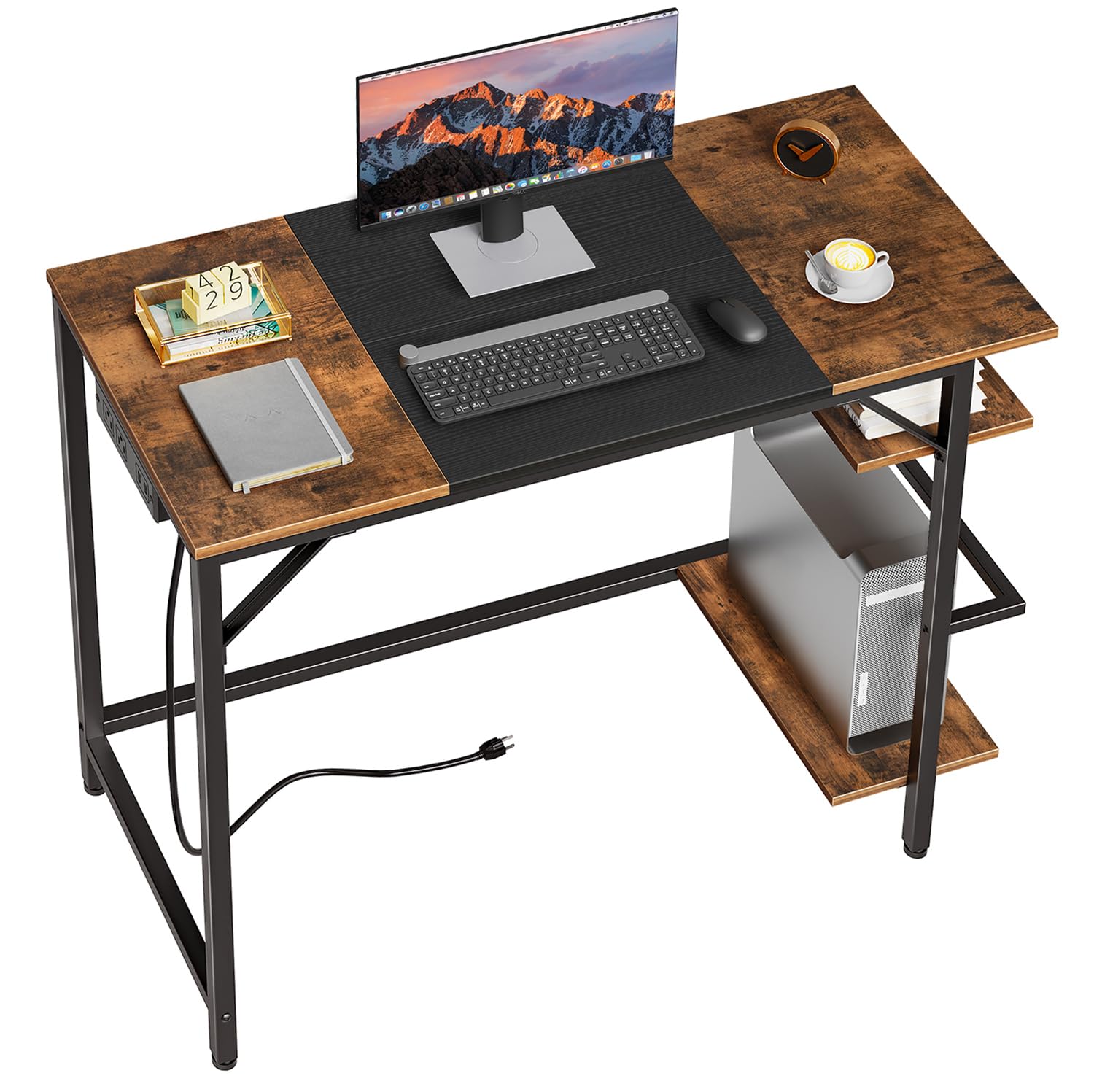 HOOBRO Bureau, computertafel, thuiskantoortafel met laadstation, tweekleurig tafelblad, 3 haken, industrieel, metalen frame, voor werkkamer, woonkamer, retrobruin en zwart EBF40CDN01N1