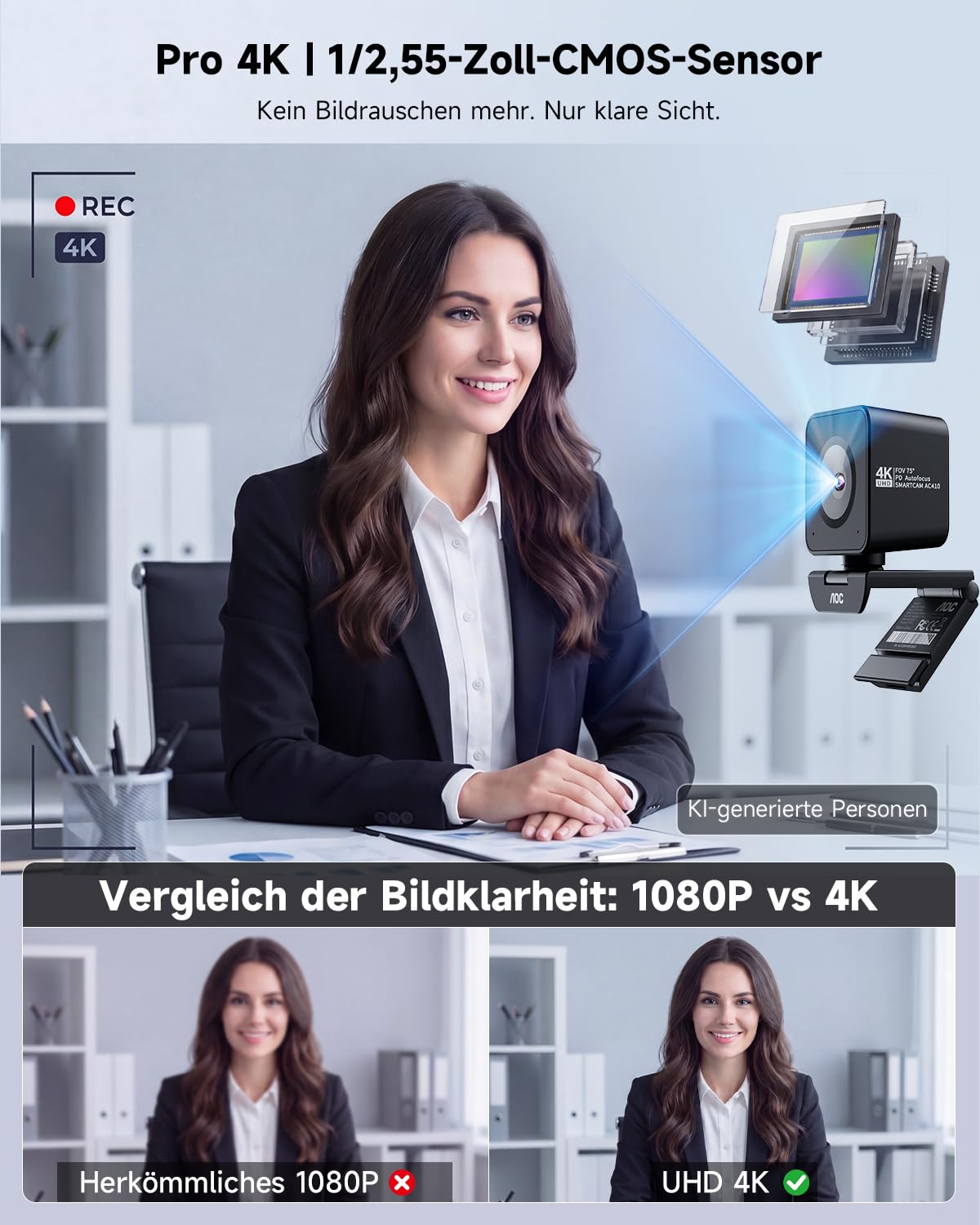 AOC UHD Webcam 4K, Webcam mit Objektivabdeckung & Dual Mikrofon, 75° Streaming Kamera mit Autofokus, Automatische Lichtkorrektur, Plug & Play, PC Kamera für Konferenzen, FaceTime, Linux, Win10, Mac OS