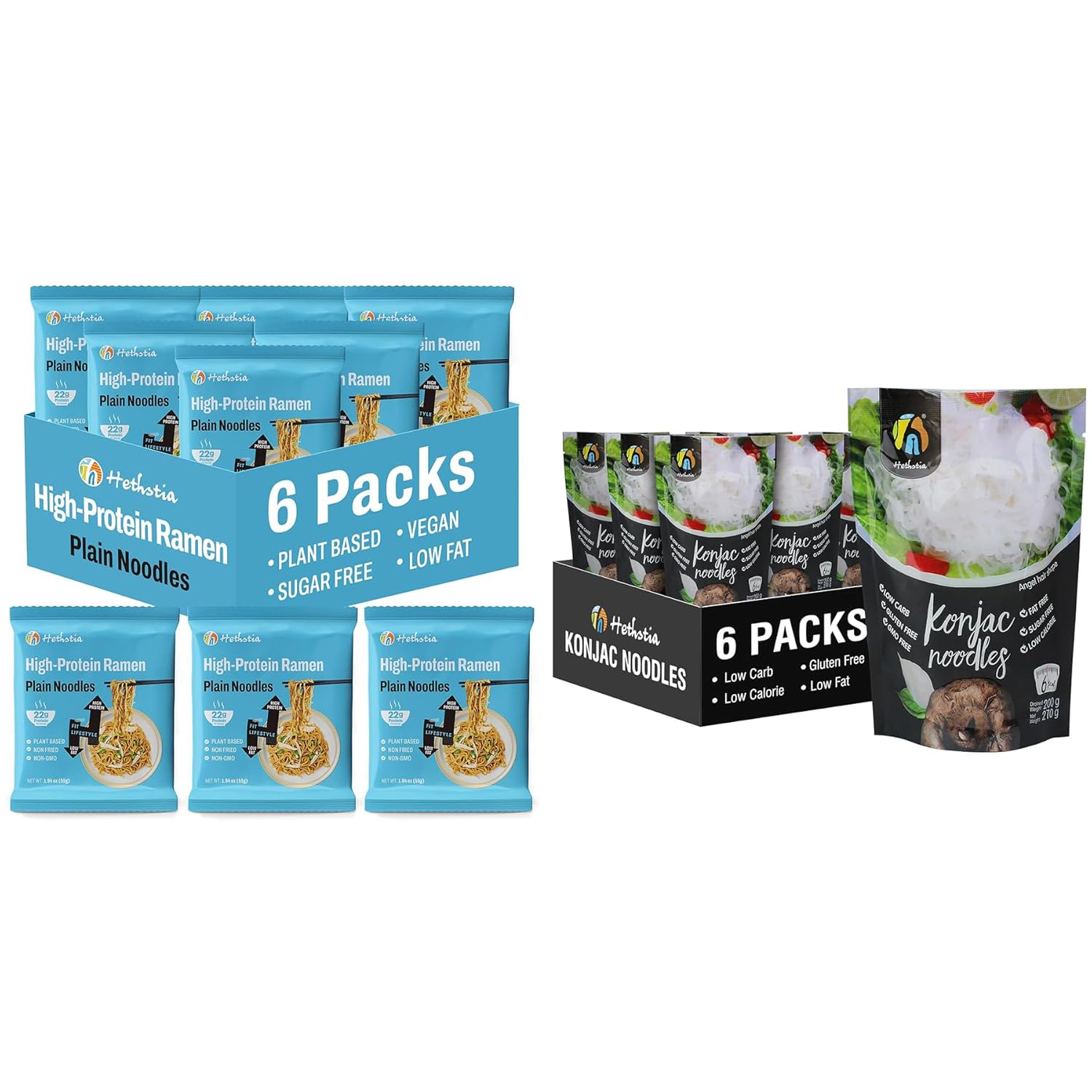 Hethstia Ramen y Fideos Shirataki Angel Hair Alto en Proteína, 12 Paquetes