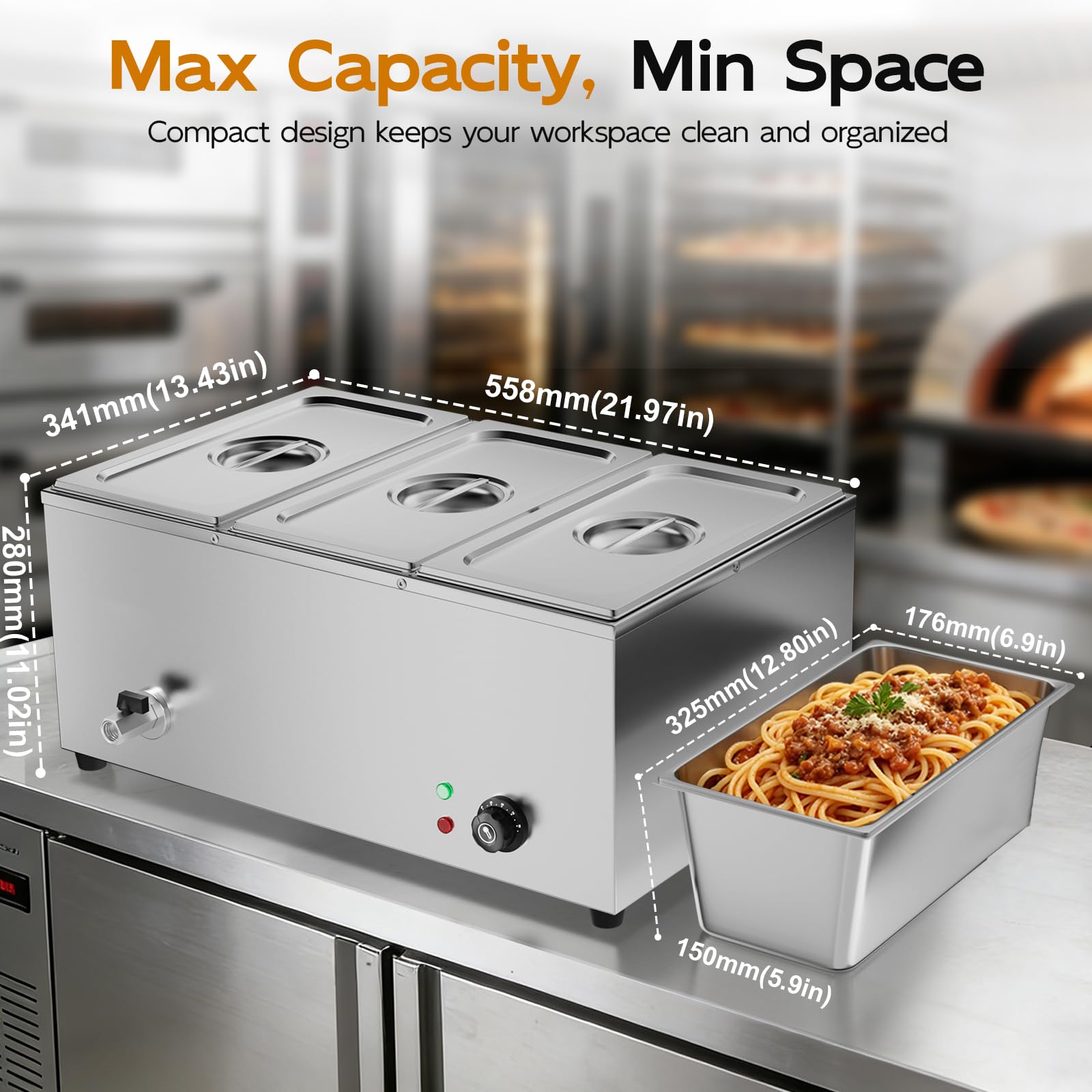 TAIMIKO Bain Marie électrique en Acier Inoxydable 220V Chauffe-Plats Professionnel Commercial avec 3 Bacs Casseroles avec Robinet de vidange Contrôle de la température