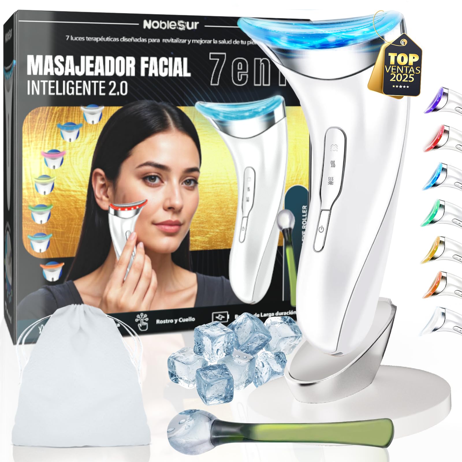 NOBLESUR® Masajeador Facial PREMIUM 7 Modos + Ice Roller Facial + Bolsa De Transporte | Radiofrecuencia Facial | Temperatura 45ºC | Antienvejecimiento, Lifting y Reafirmación De La Piel Flácida