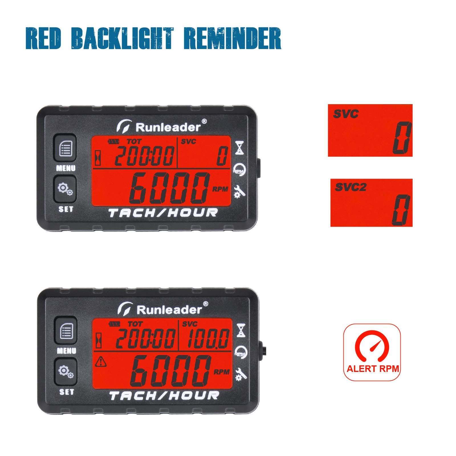 Runleader Betriebsstundenzähler Drehzahlmesser,Wartungserinnerung,Alarm-Drehzahlerinnerung, Anfangsstunden einstellbar,Batterie austauschbar,Verwendung für Rasenmäher Marine ATV（BK）