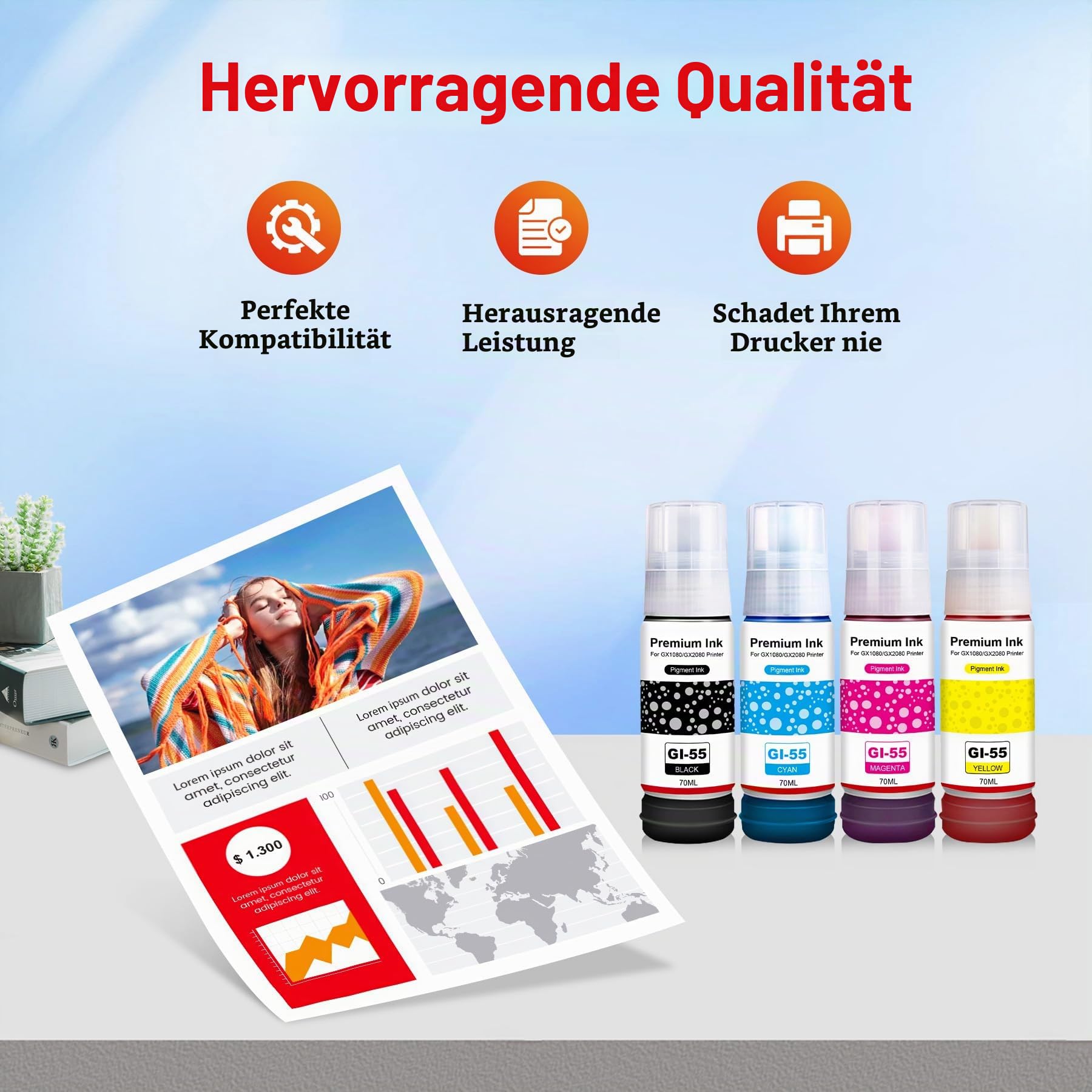 GI-55 GI55 GI 55 Tinte Kompatibel mit CAN GI-55BK GI-55C GI-55M GI-55Y mit Maxify GX1050 GX2050 GX1080 GX2080 Multipack Drucker (4Stück,Schwarz,Cyan,Magenta,Gelb)