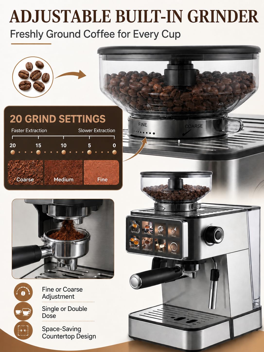 Cafetera semiautomática con Molinillo y vaporizador | El café recién molido cae directamente en el portafiltro para preparar espresso, Americano y bebidas con leche en casa