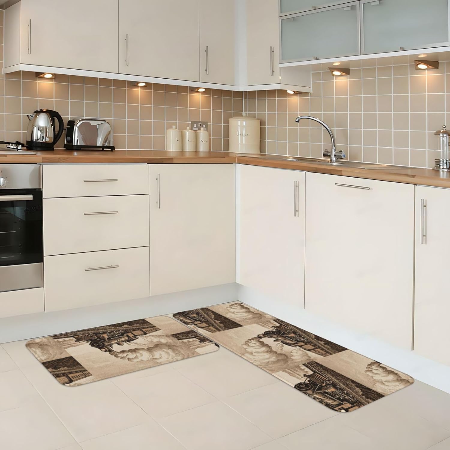 Etching Train Kitchen Rugs Set of 2, Cushioned Anti-Fatigue Kitchen Mats for Floor, Waterproof Comfort Standing Mat Absorbent Velvet Kitchen Runner Rugs 17"x30"+17"x47"