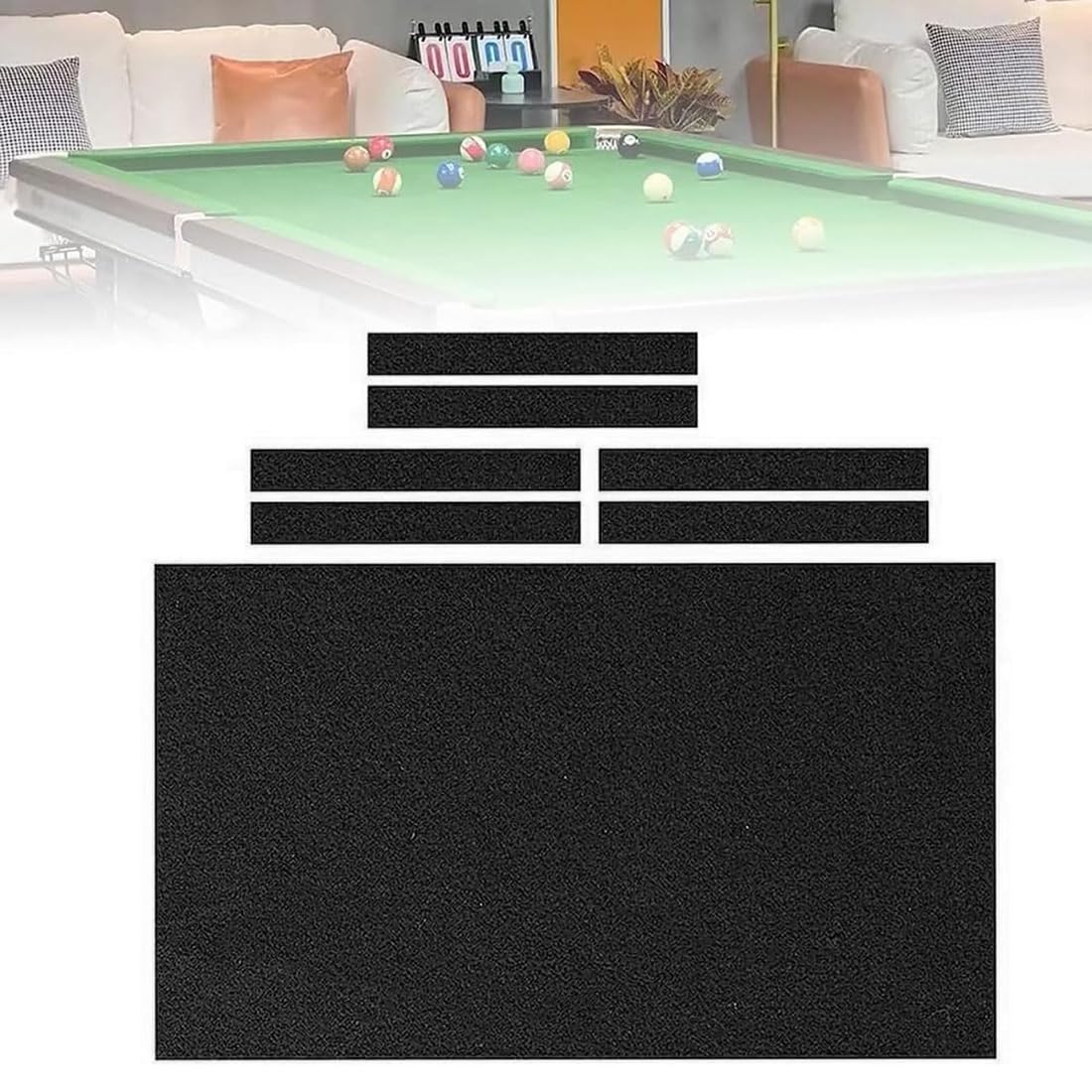 Paño de billar 8FT negro, lana peinada y nailon, envoltura lateral 6 piezas, para mesa de 7/8/9 pies