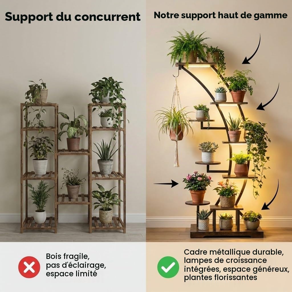 Support pour plantes avec lumière de croissance, 9 niveaux, métal et bois, 160 cm, intérieur
