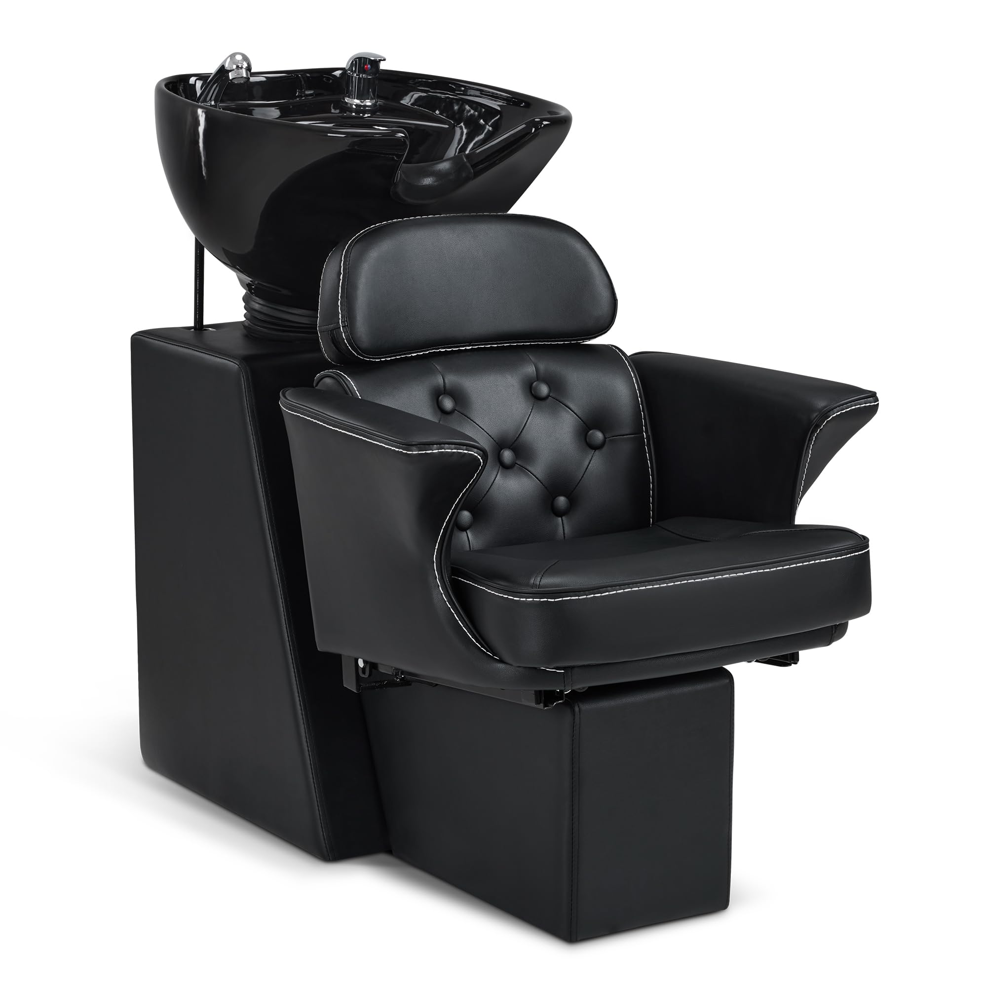 Barberpub Friseurstuhl mit Waschbecken & Kippbarer Rückenlehne, Friseurwaschbecken aus Keramik Verstellbar, Moderner Friseurwaschsessel für SPA Salon, Friseur Waschplatz 8692 (Schwarz/Kunstleder)