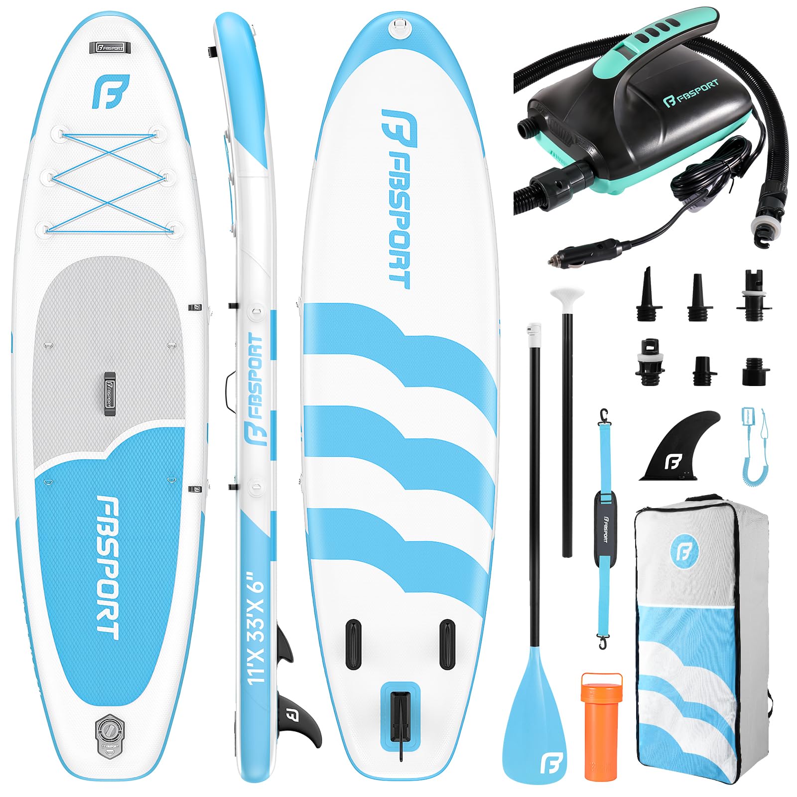 FBSPORT 11FT Premium Inflatable Stand Up Paddle Board with Electric Pump, Yoga Board with SUP Accessories & Carry Bag | Wide Stance, Surf Control, Non-Slip Deck, Leash and Paddle for Youth & Adult
