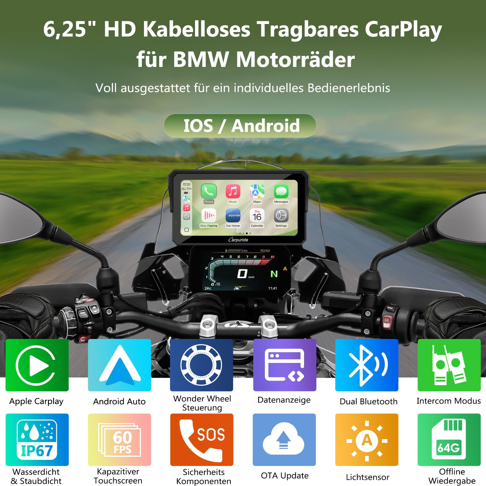 Carpuride W602BS Pro Carplay Bildschirm für BMW Motorrad, Nativ Wonder Wheel Kontrol & Datenauslesung, Kabellos CarPlay & Android Auto, 6,25" Wasserdichter Touchscreen, OTA/Dual Bluetooth/Sprechanlage