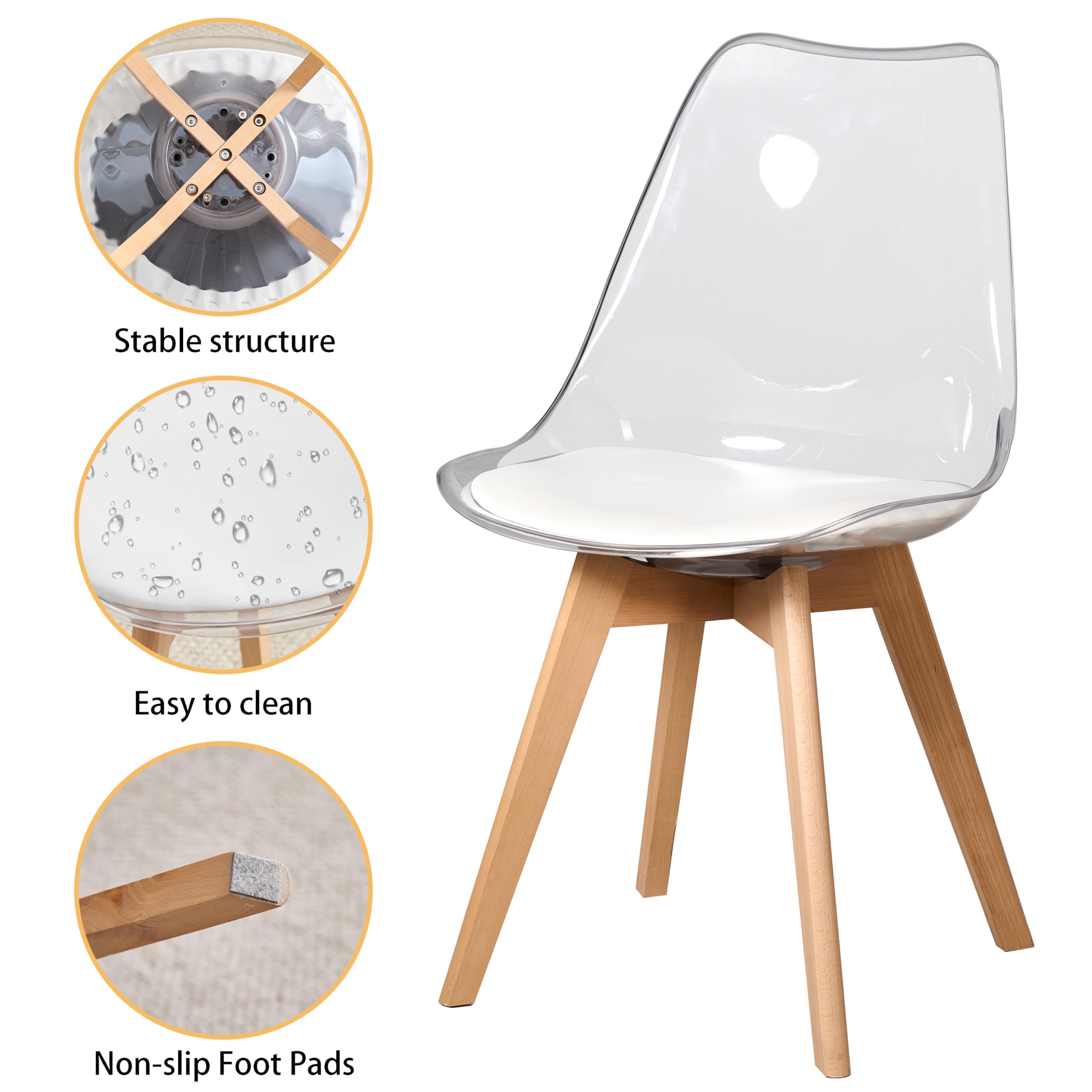 GrandCA HOME Transparente Sillas de Comedor Tapizadas en Tela,Nordicas Sillas Pack 4 para Cocina Comedor Dormitorio (Pack 4, Blanco/Cuero)
