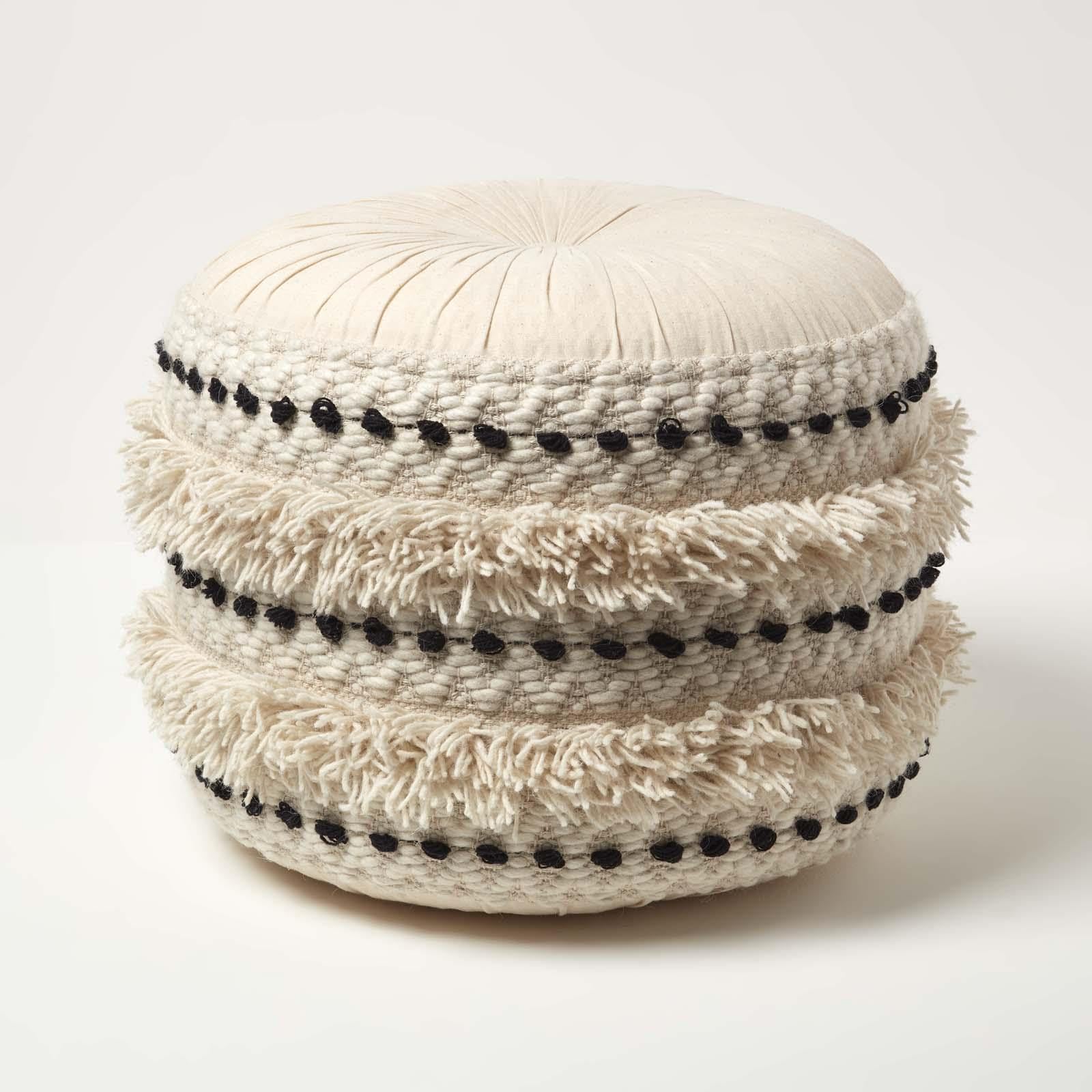 Pouf berbère en coton rond noir et blanc Sahara macramé