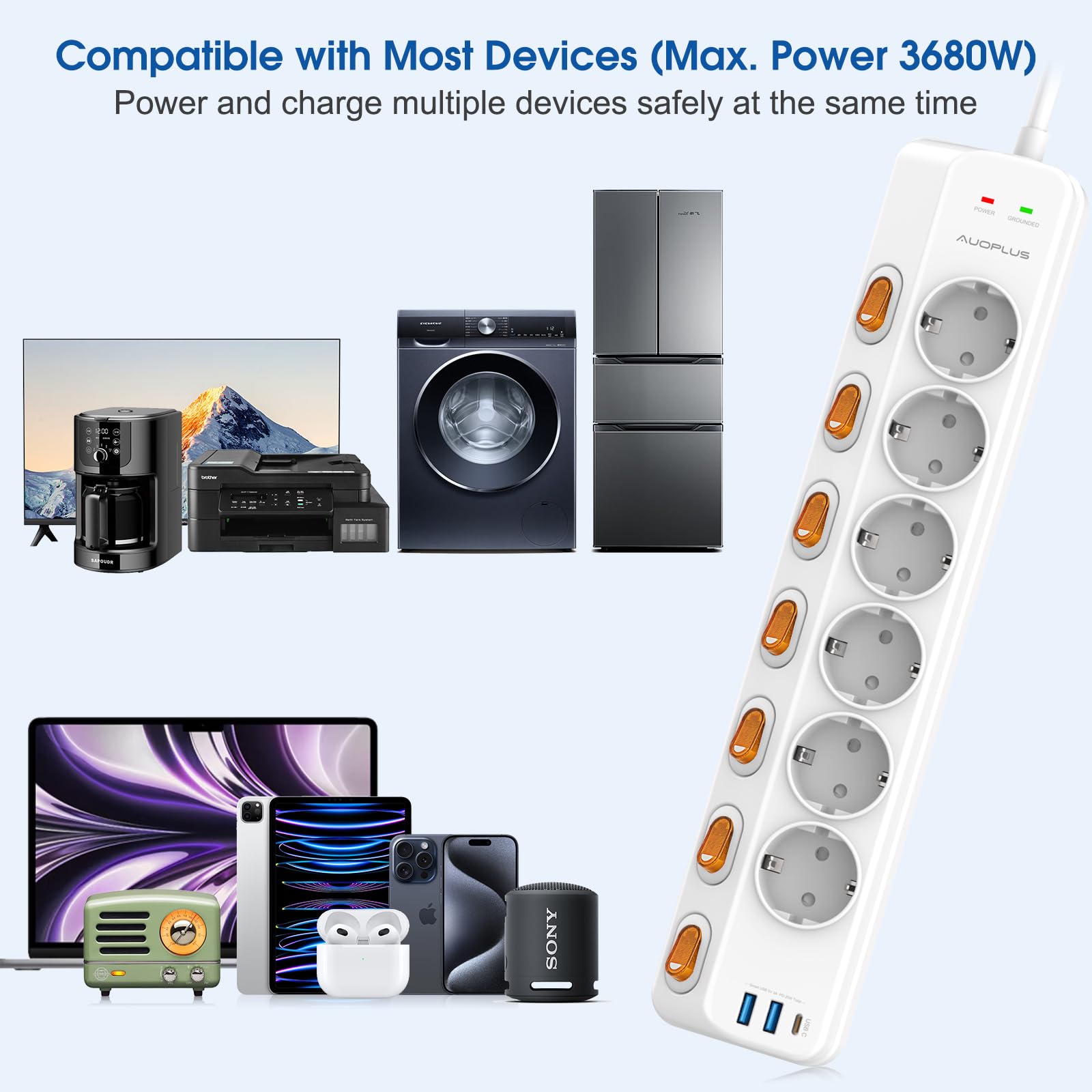 Regleta Enchufes con USB,Regletas Enchufes de 6 Tomas Corrientes,2 Puertos | USB-A y 1 USB-C(PD 20W),Enchufe Multiple 3680W/16A con interruptores individuales y Protección Infantil,Cable de 3M,Blanco