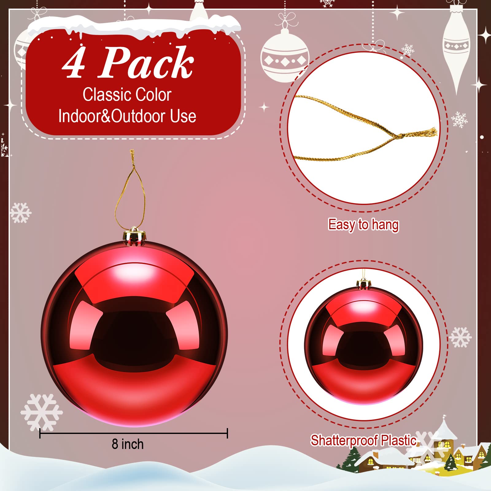 Zubebe 4 Pcs Extra Large Christmas Ball Ornaments 8'' (200 Mm) Giant Oversized Plastic Xmas Ball Big Hanging Christmas Tree Ornaments for Holiday Party Outdoor Decor(Shiny Red)