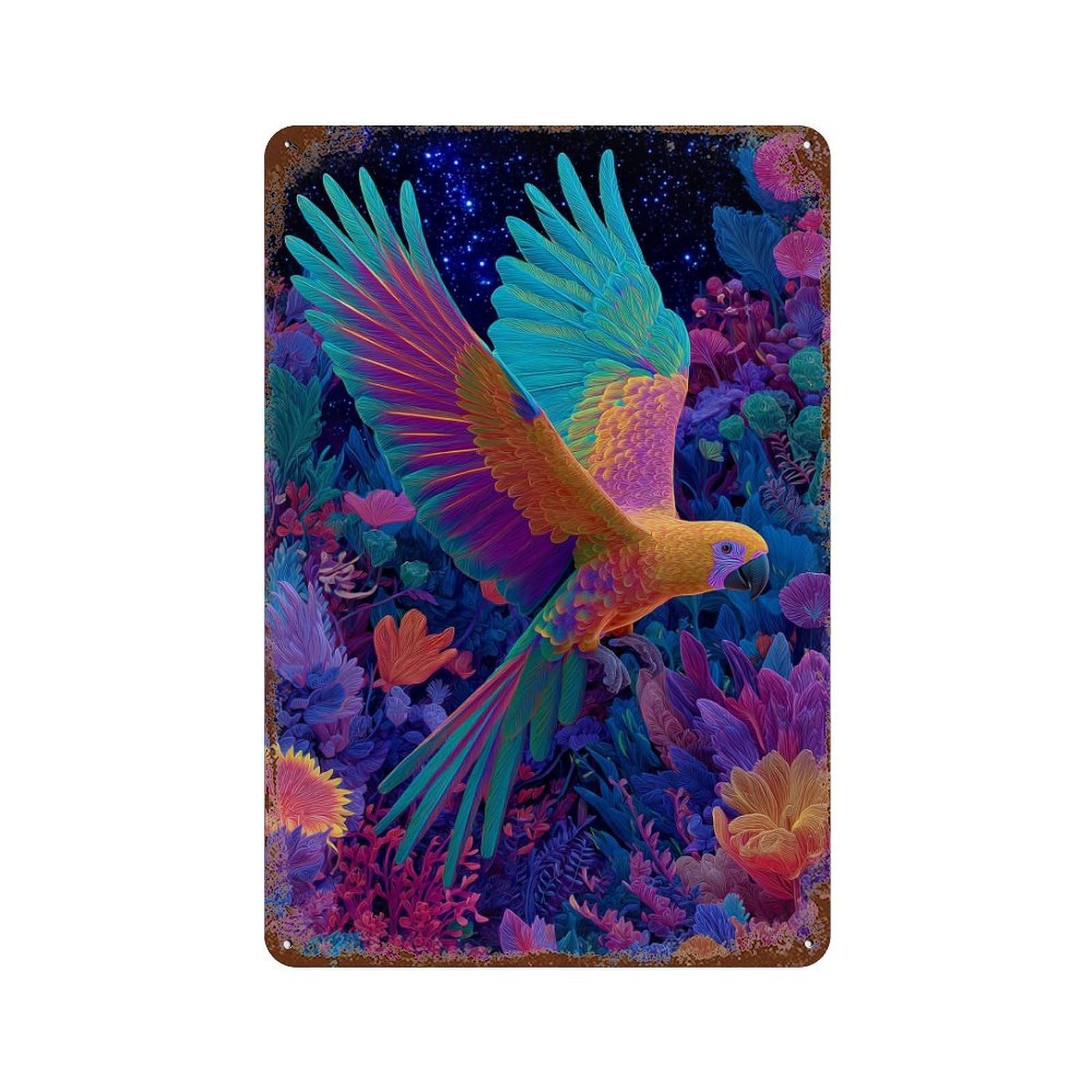 Retro Metal Sign Colorful Parrot in Fantasy Forest 11.8"x7.9", Decorative Metal Wall Art for Pub, Kitchen And Man Cave Decor